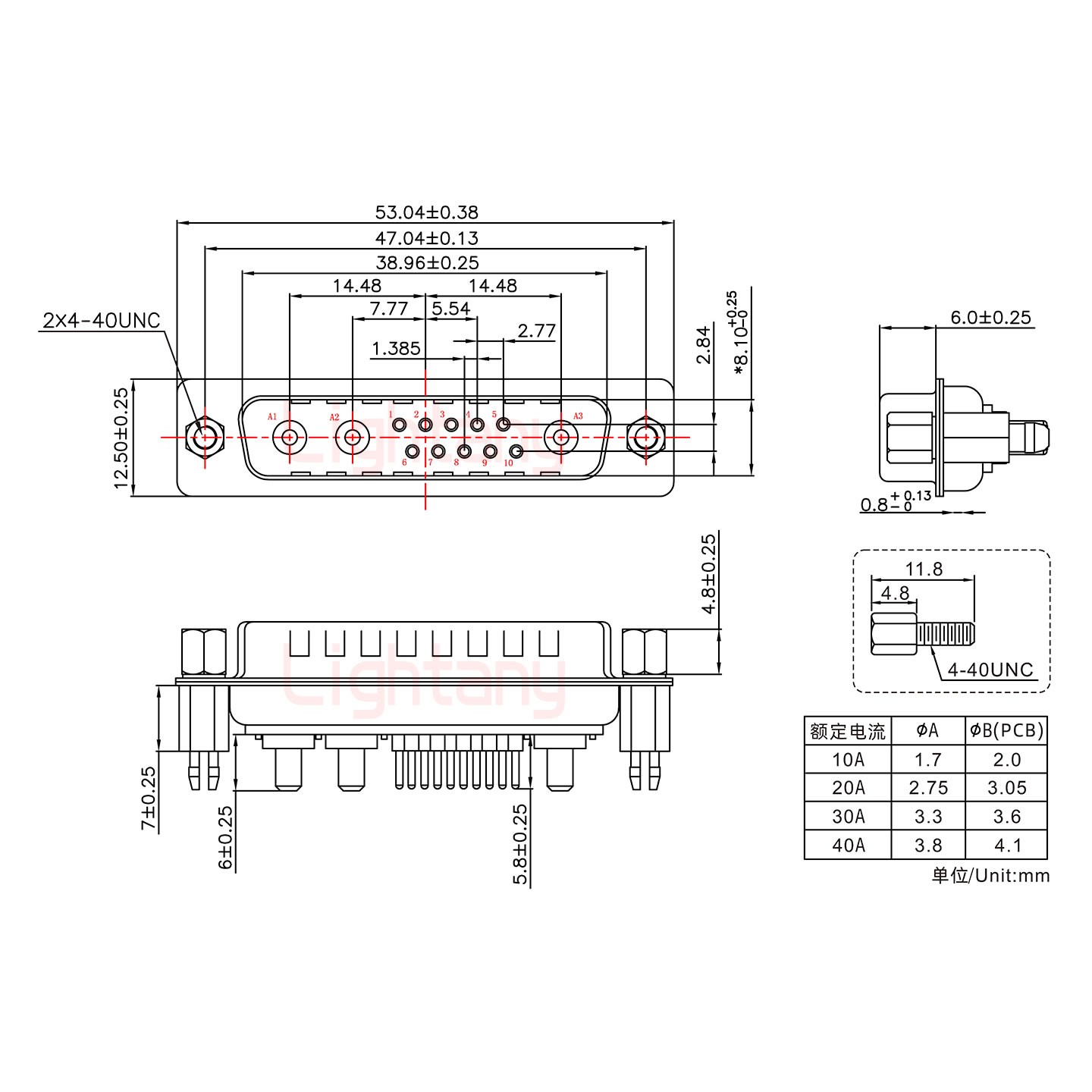 13W3公PCB直插板/鉚魚叉7.0/大電流40A