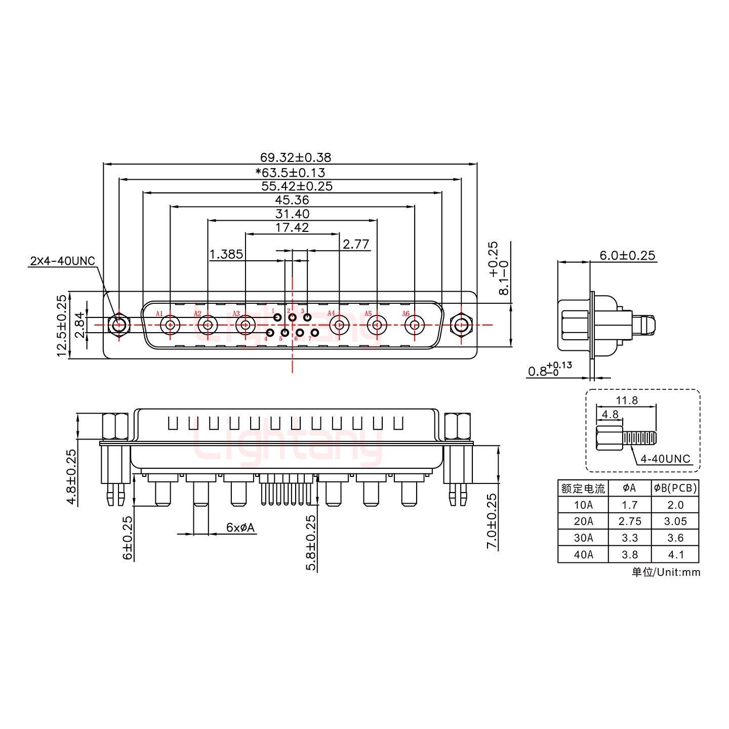 13W6A公PCB直插板/鉚魚(yú)叉7.0/大電流30A