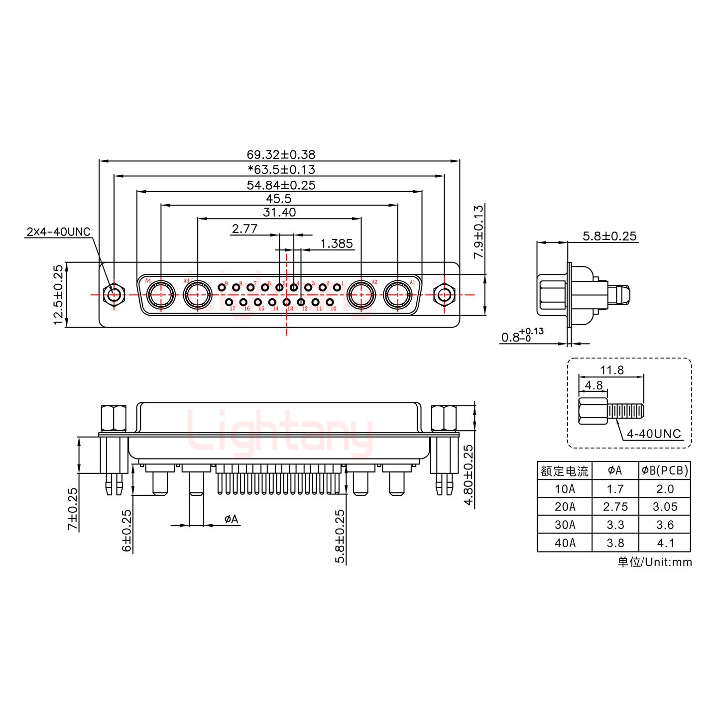 21W4母PCB直插板/鉚魚叉7.0/大電流20A