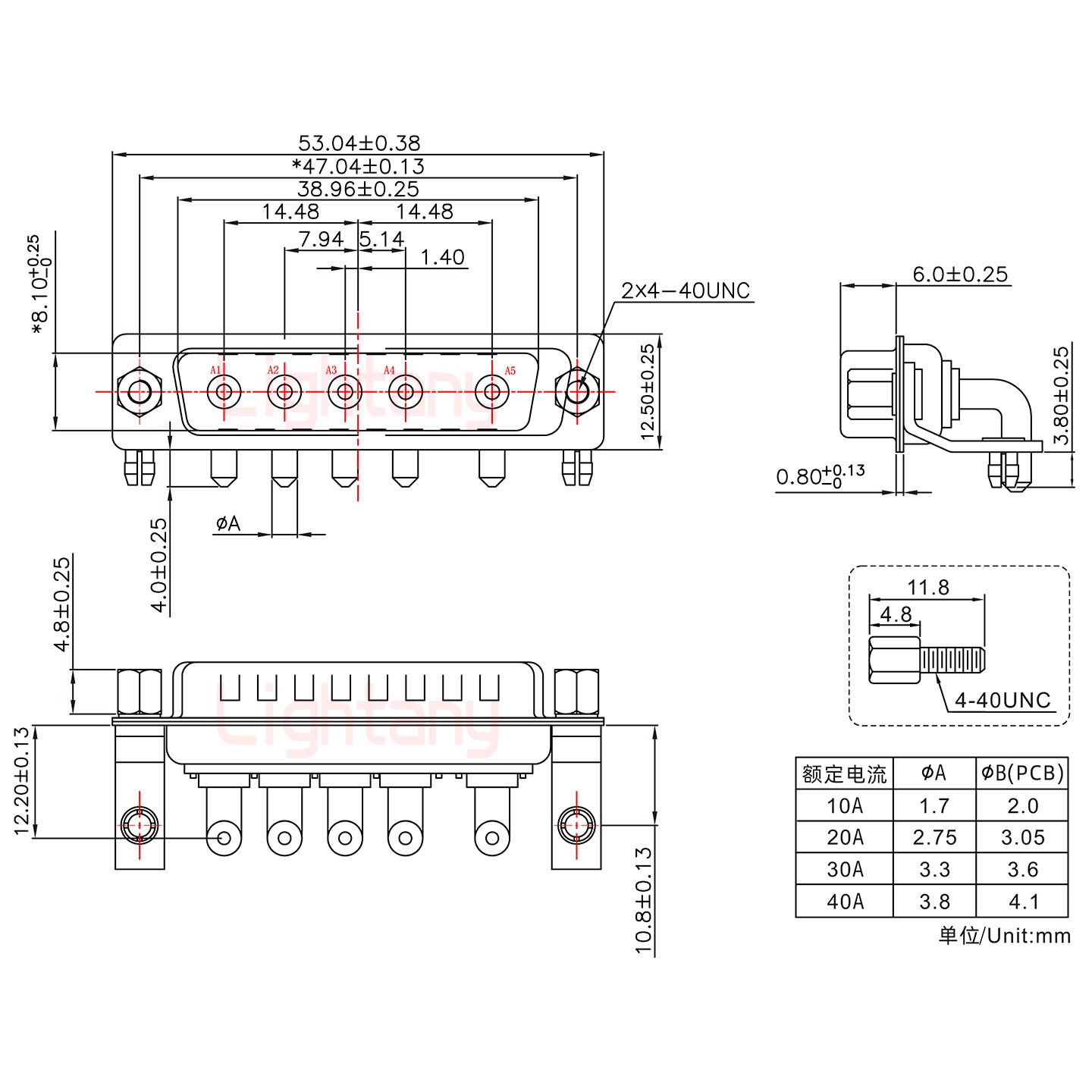 5W5公PCB彎插板/鉚支架10.8/大電流20A