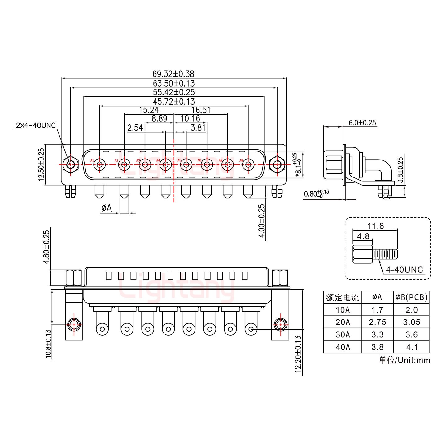 8W8公PCB彎插板/鉚支架10.8/大電流20A