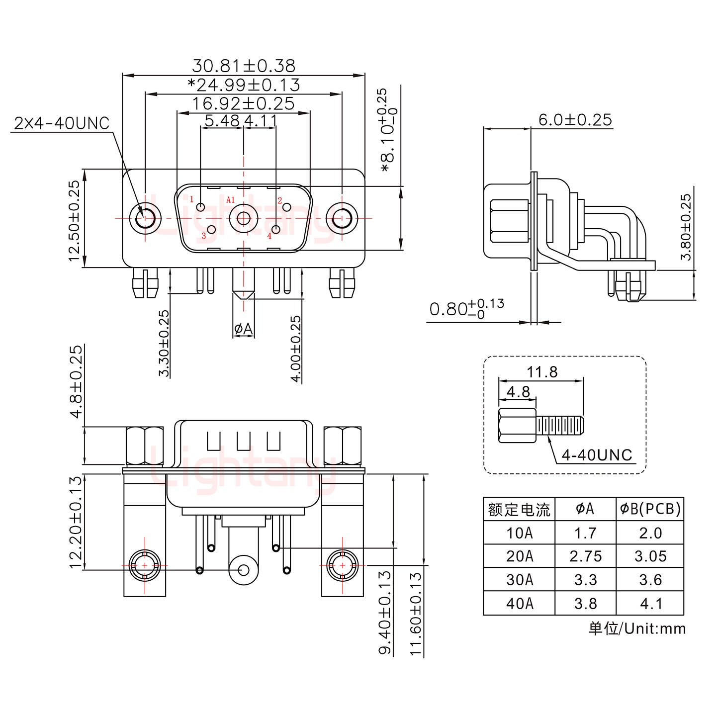 5W1公PCB彎插板/鉚支架11.6/大電流10A