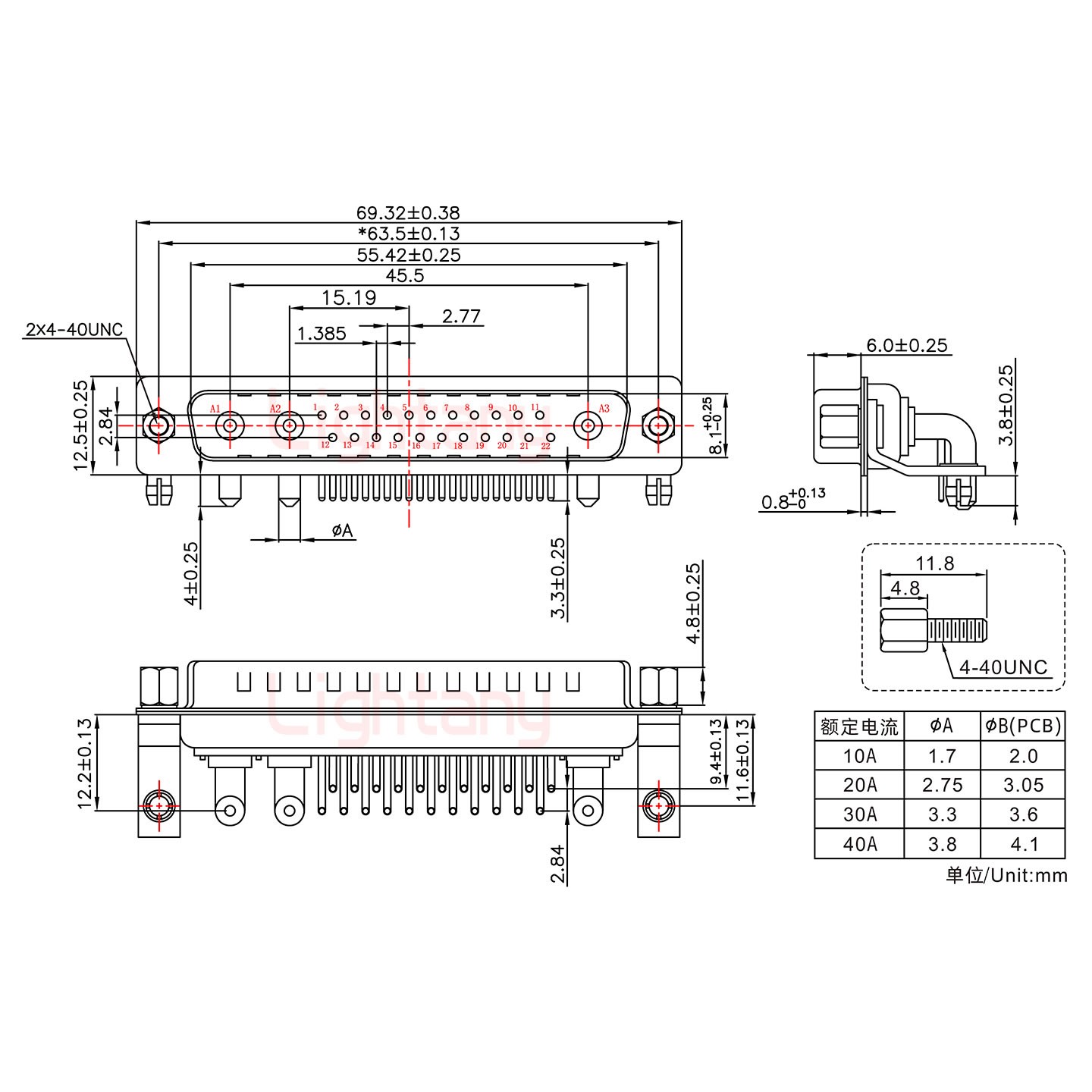 25W3公PCB彎插板/鉚支架11.6/大電流40A