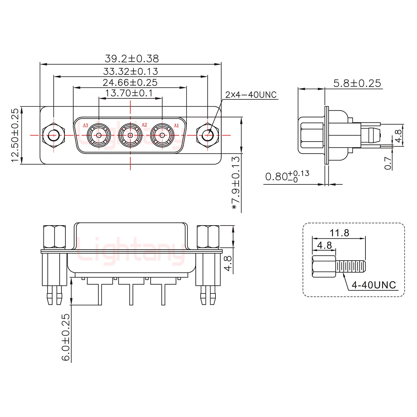 3W3母PCB直插板/鉚魚叉7.0/射頻同軸75歐姆