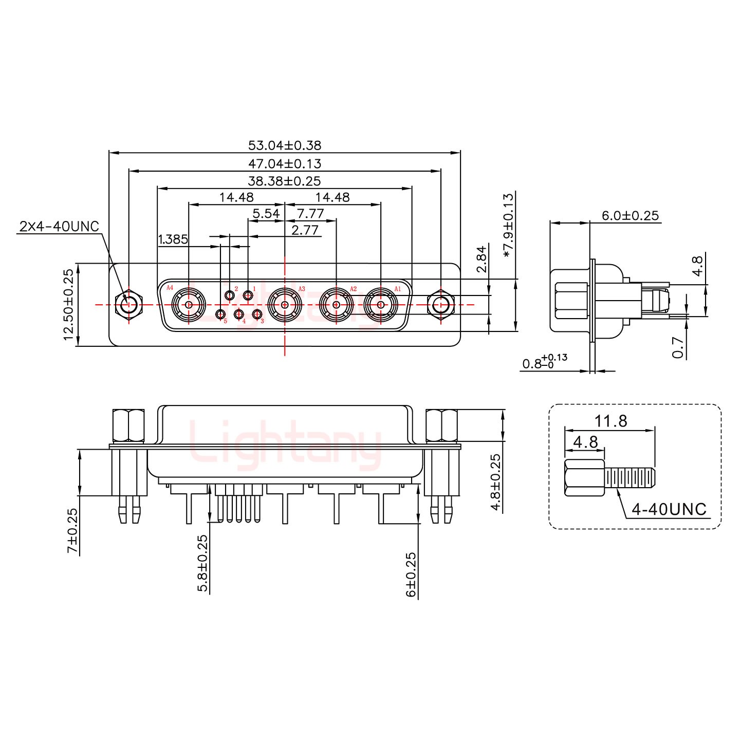 9W4母PCB直插板/鉚魚叉7.0/射頻同軸50歐姆