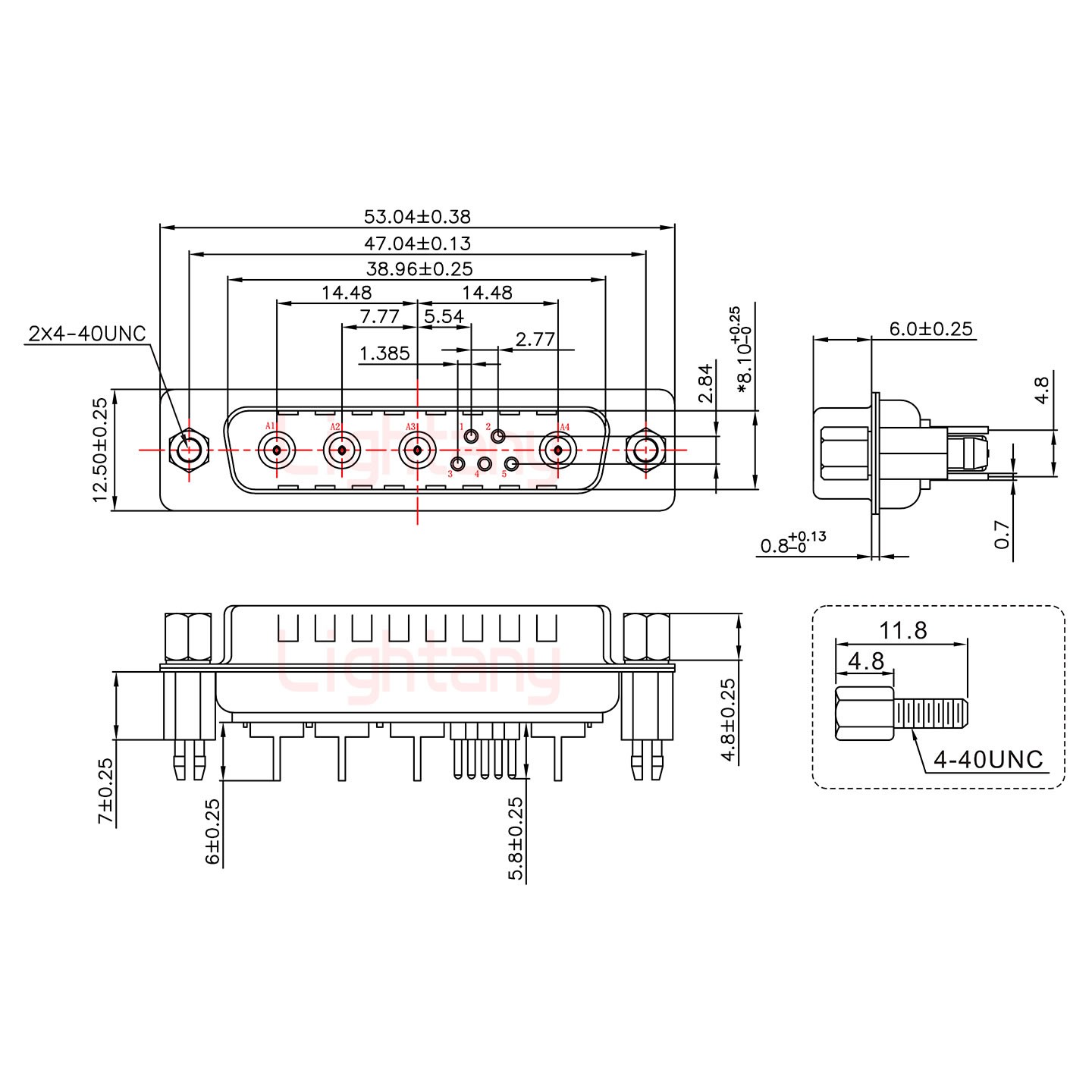 9W4公PCB直插板/鉚魚叉7.0/射頻同軸75歐姆