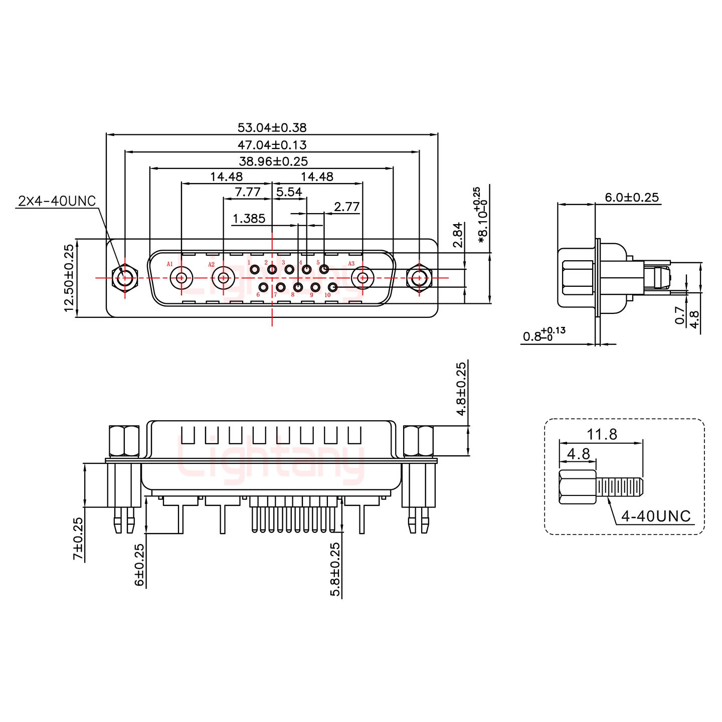 13W3公PCB直插板/鉚魚(yú)叉7.0/射頻同軸75歐姆