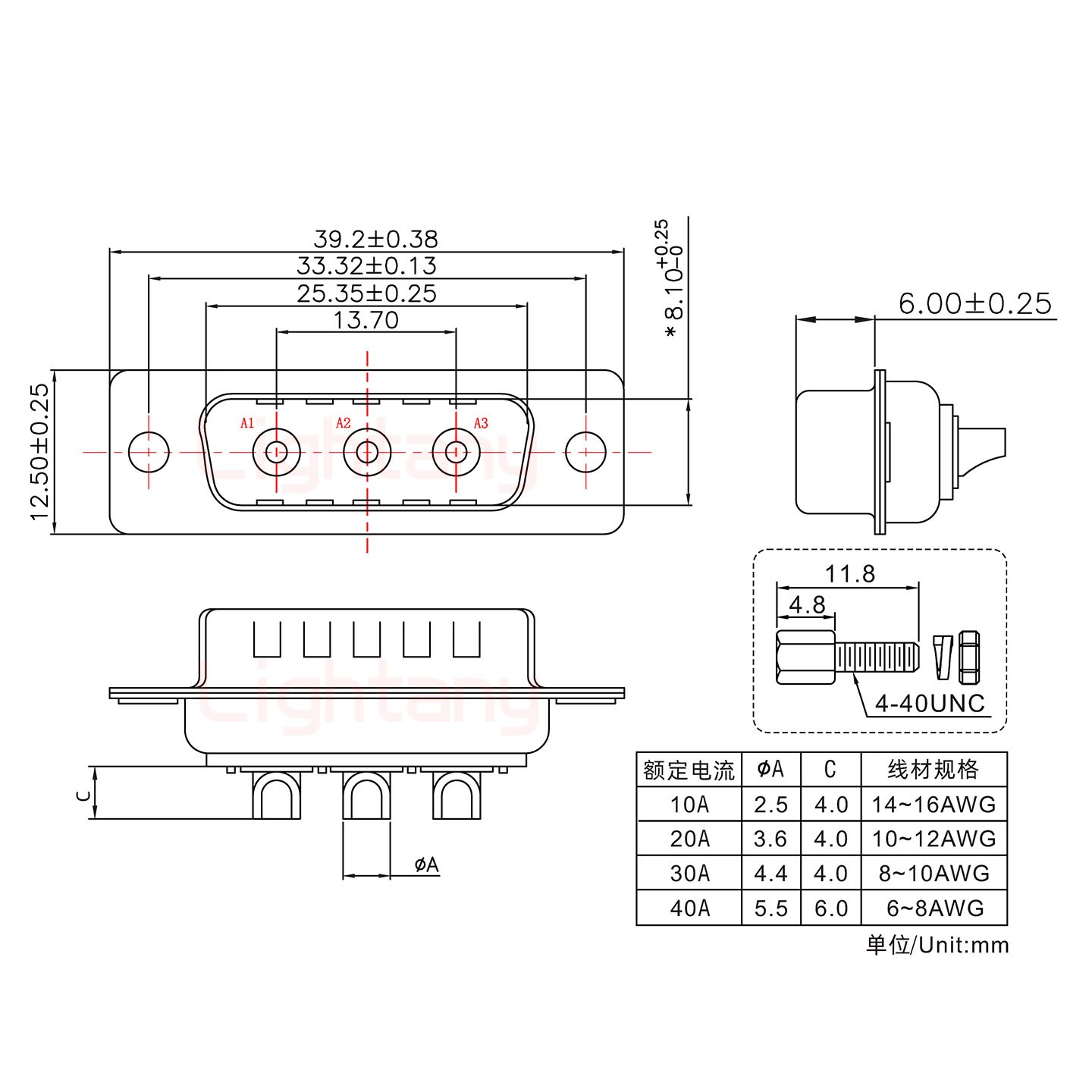 3W3公短體焊線/配螺絲螺母/大電流40A