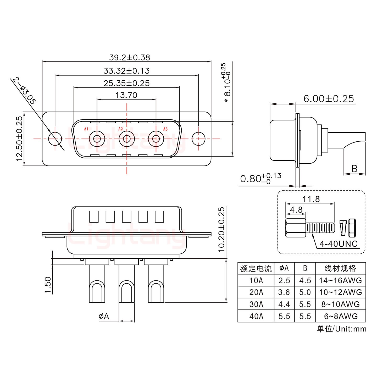 3W3公長體焊線/配螺絲螺母/大電流40A