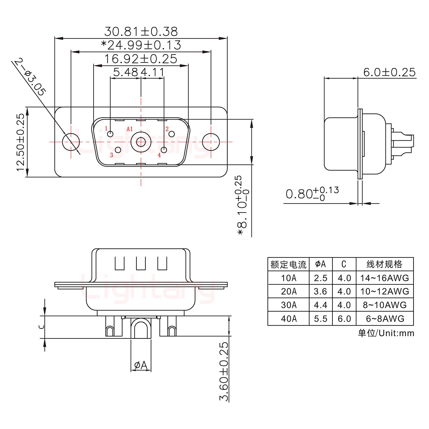 5W1公短體焊線/光孔/大電流30A