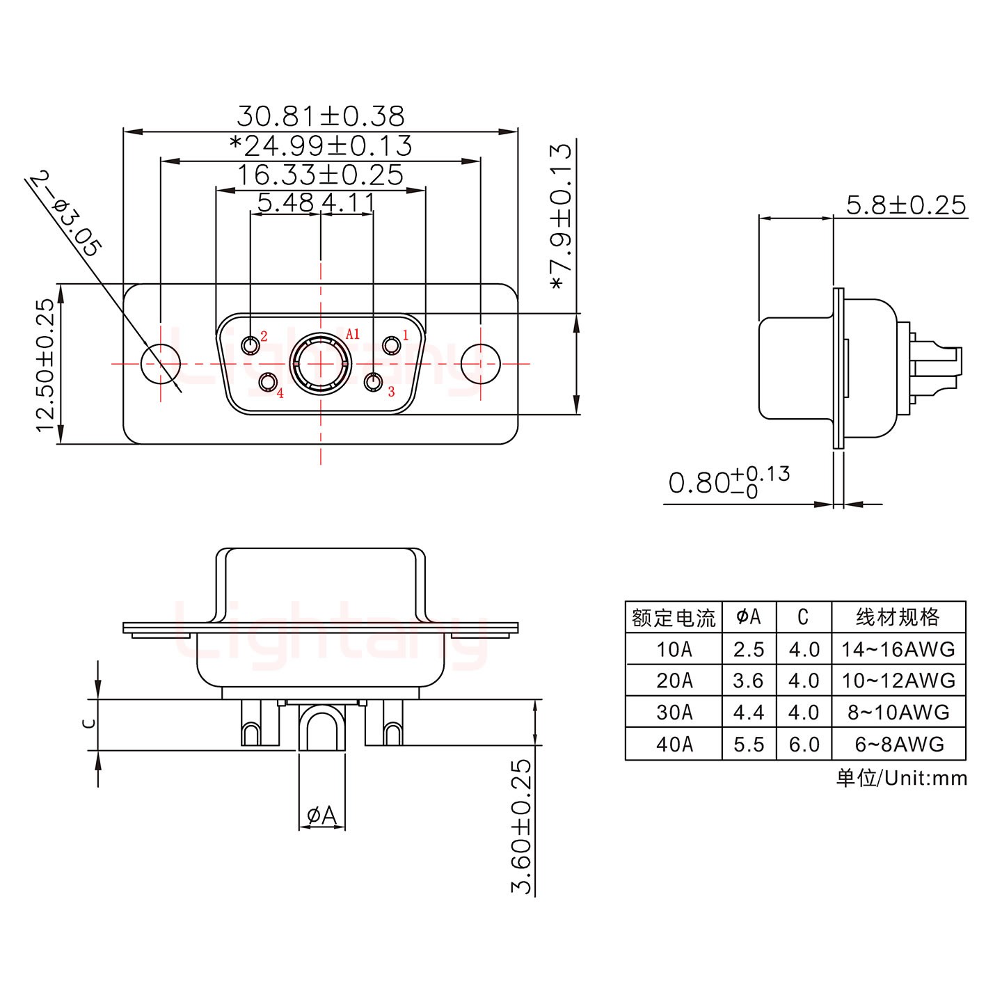 5W1母短體焊線/光孔/大電流40A