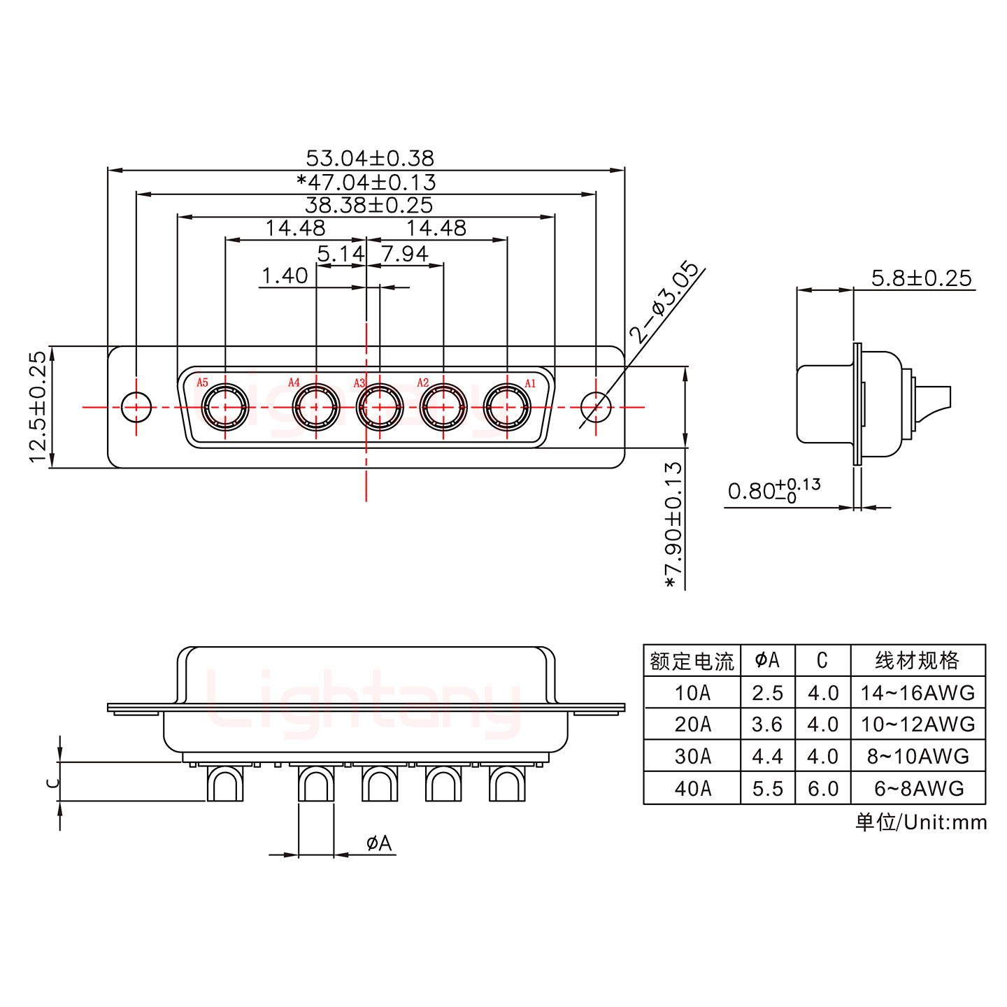 5W5母短體焊線40A+25P金屬外殼592斜出線4~12mm