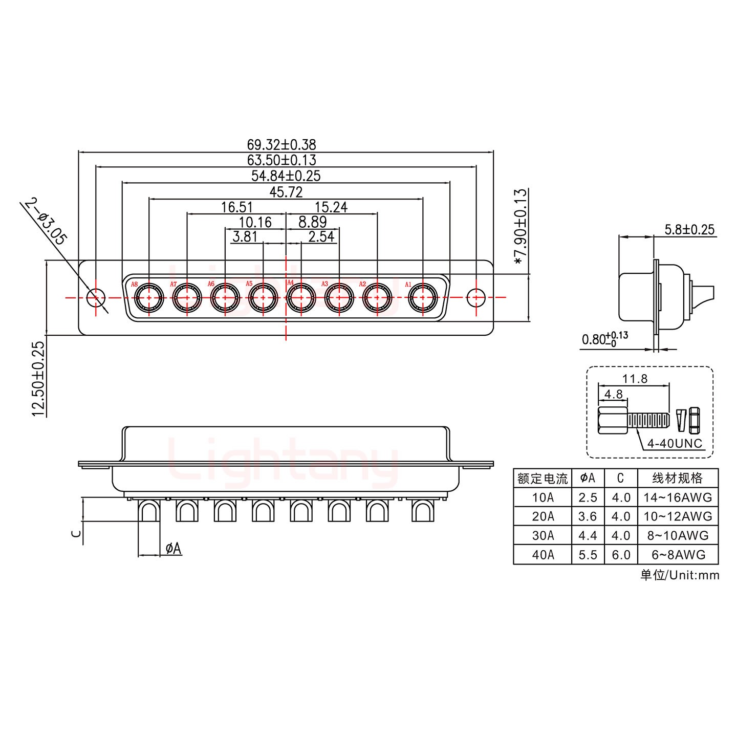 8W8母短體焊線/配螺絲螺母/大電流40A