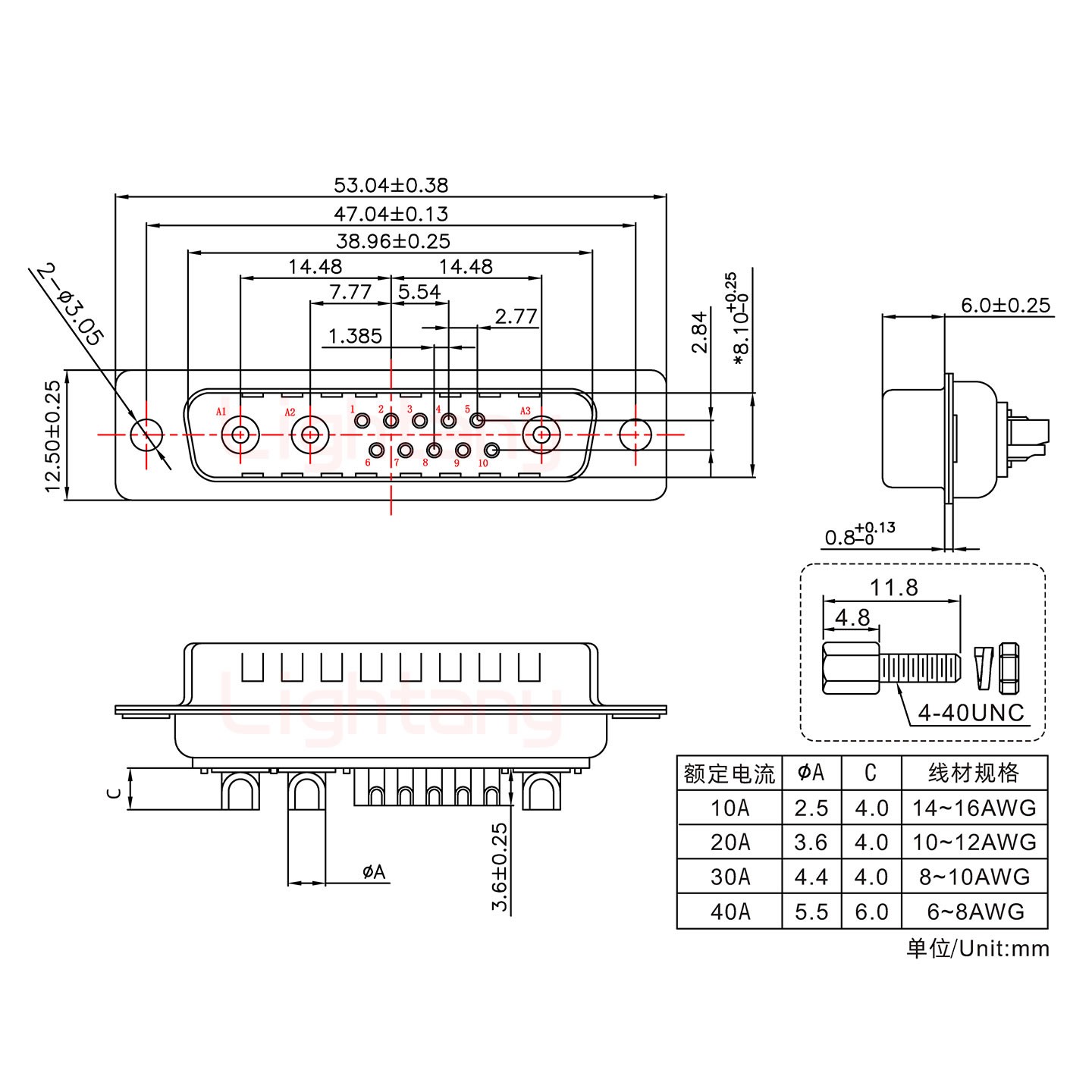 13W3公短體焊線/配螺絲螺母/大電流20A