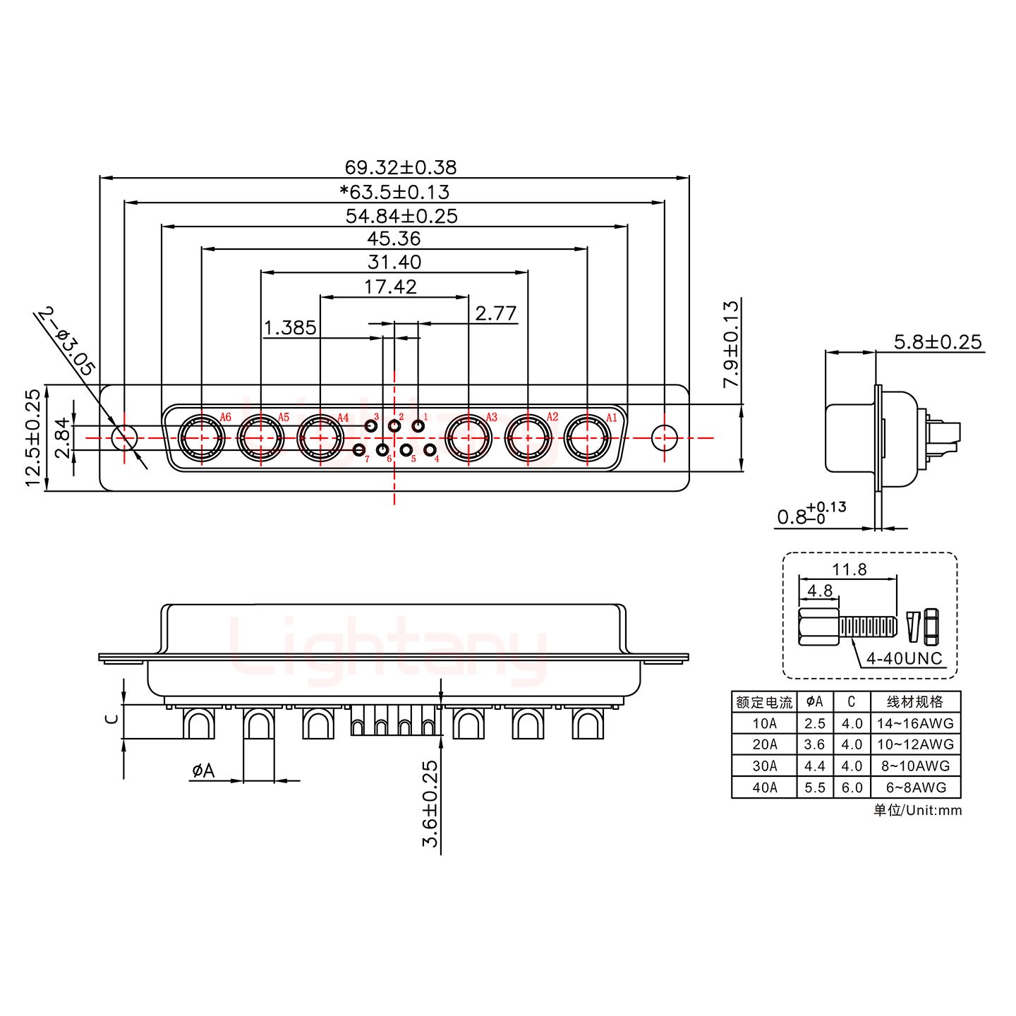 13W6A母短體焊線/配螺絲螺母/大電流30A