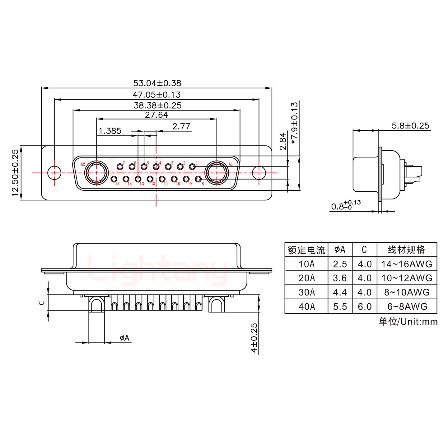 17W2母短體焊線/光孔/大電流40A