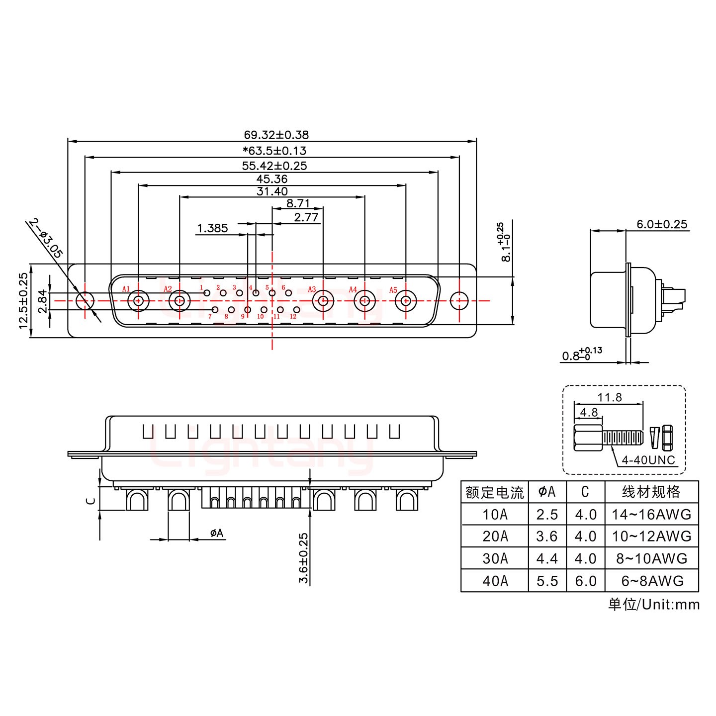 17W5公短體焊線/配螺絲螺母/大電流40A