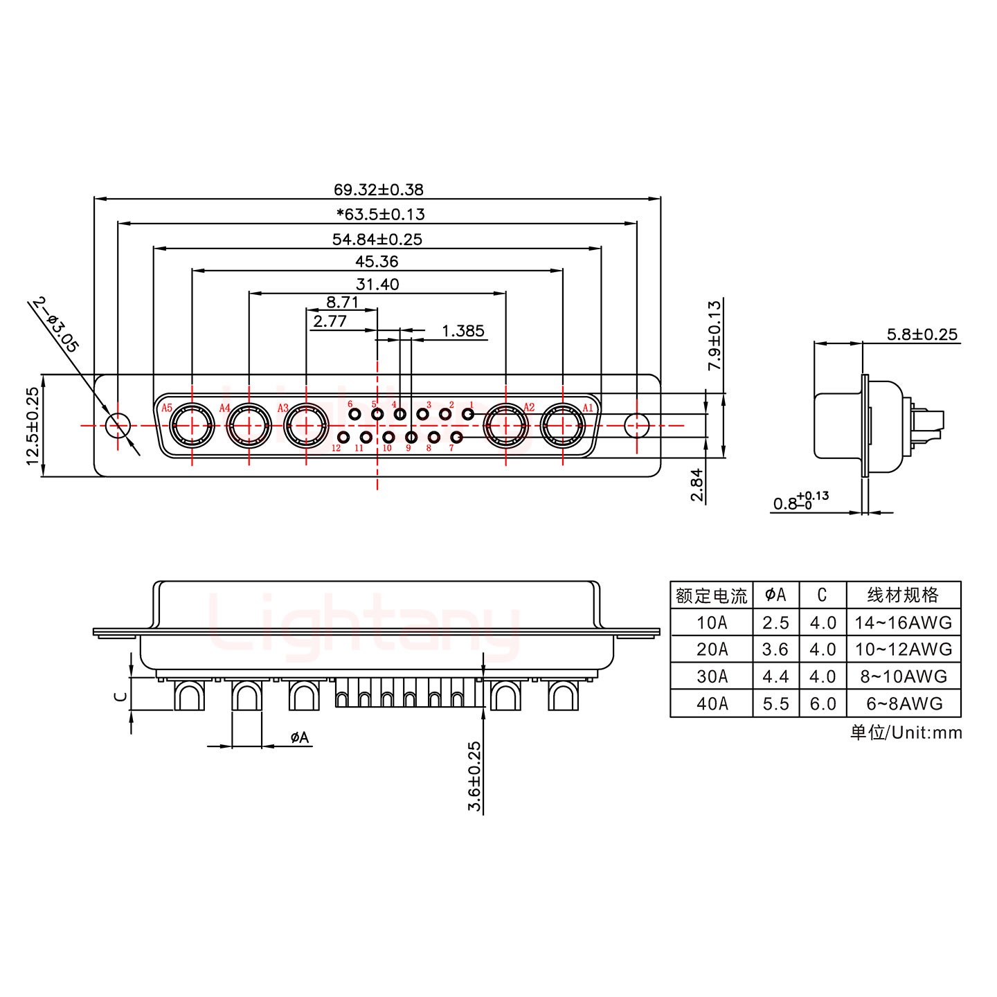 17W5母短體焊線/光孔/大電流10A