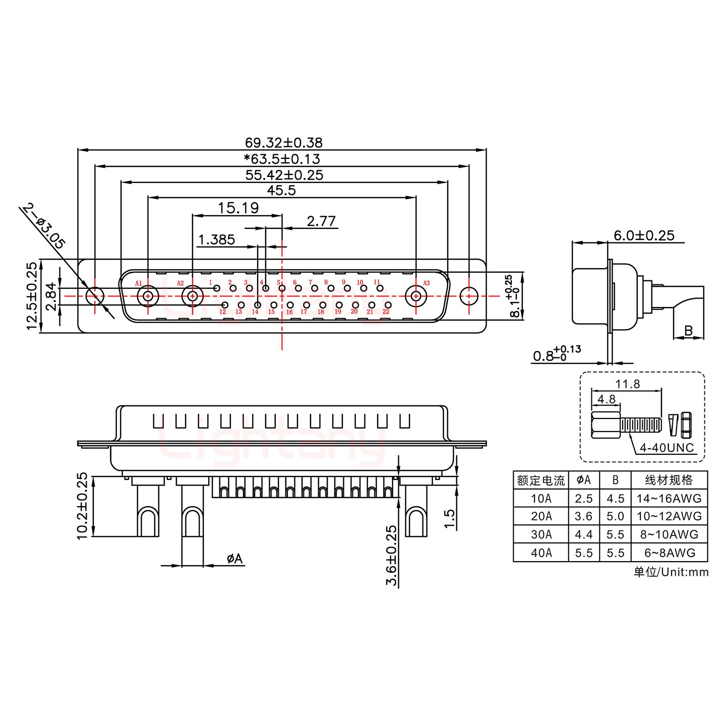 25W3公長體焊線/配螺絲螺母/大電流20A