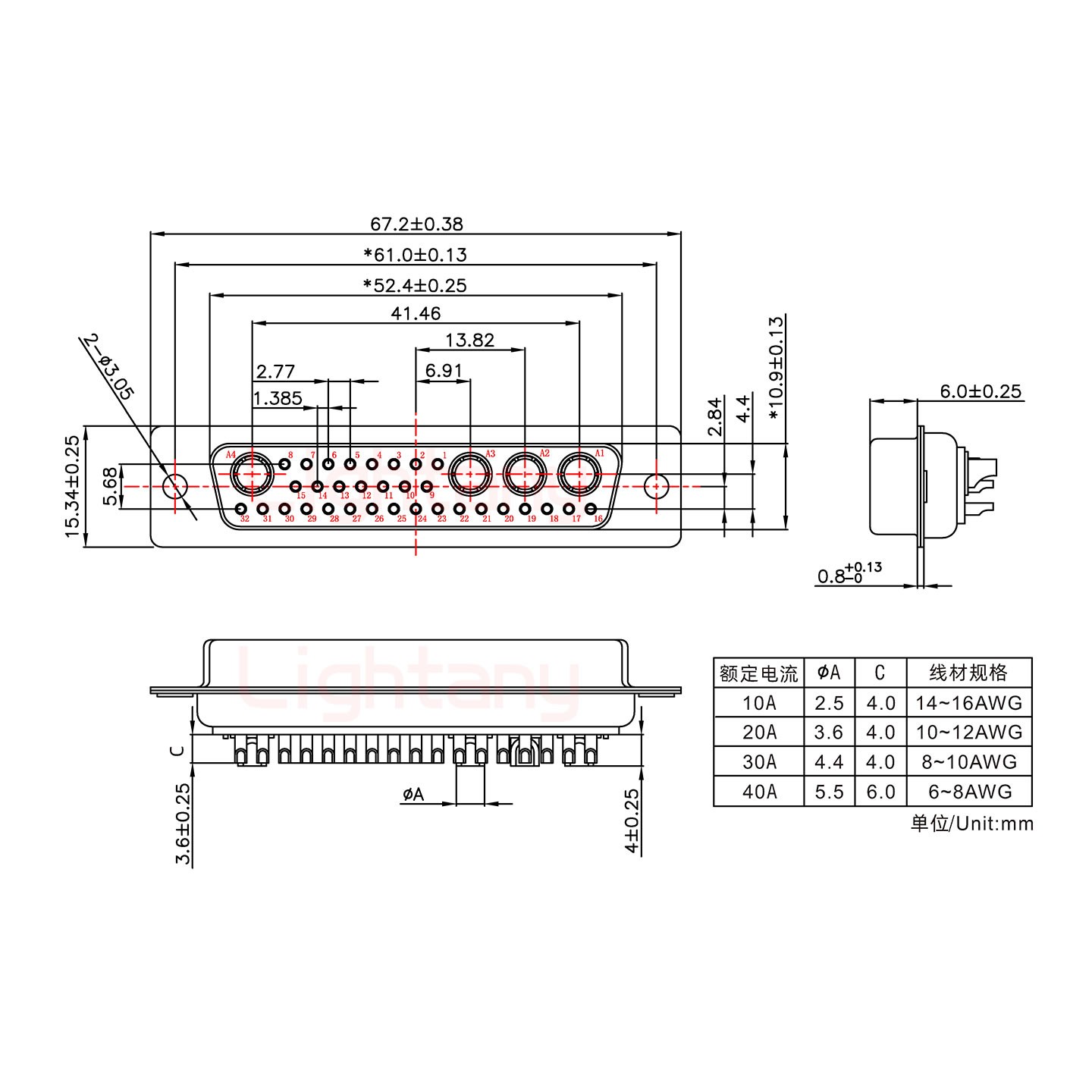 36W4母短體焊線40A+50P金屬外殼1331直出線12.5mm