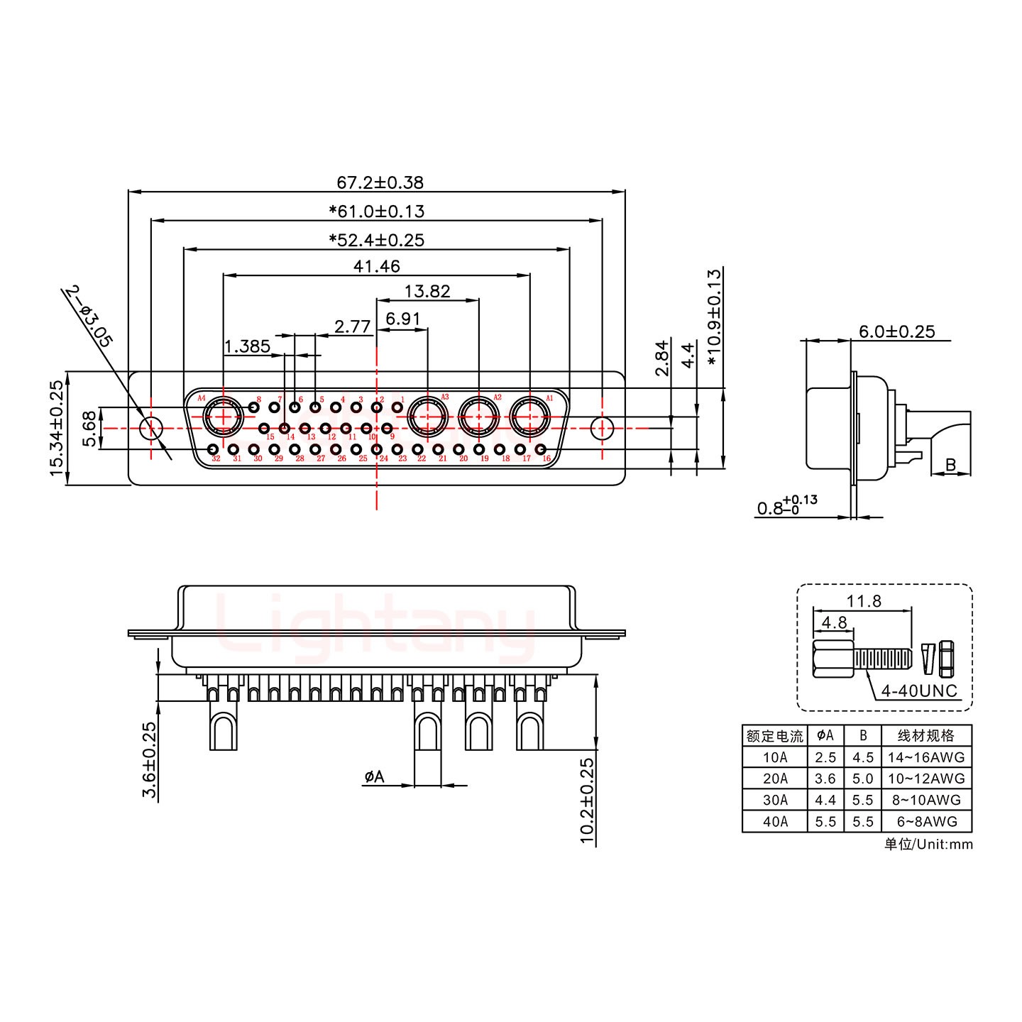 36W4母長體焊線/配螺絲螺母/大電流20A