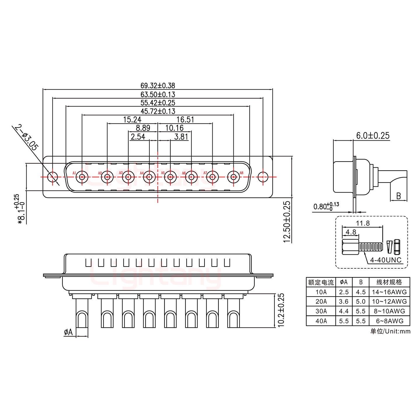 8W8公長體焊線 /配螺絲螺母/大電流10A