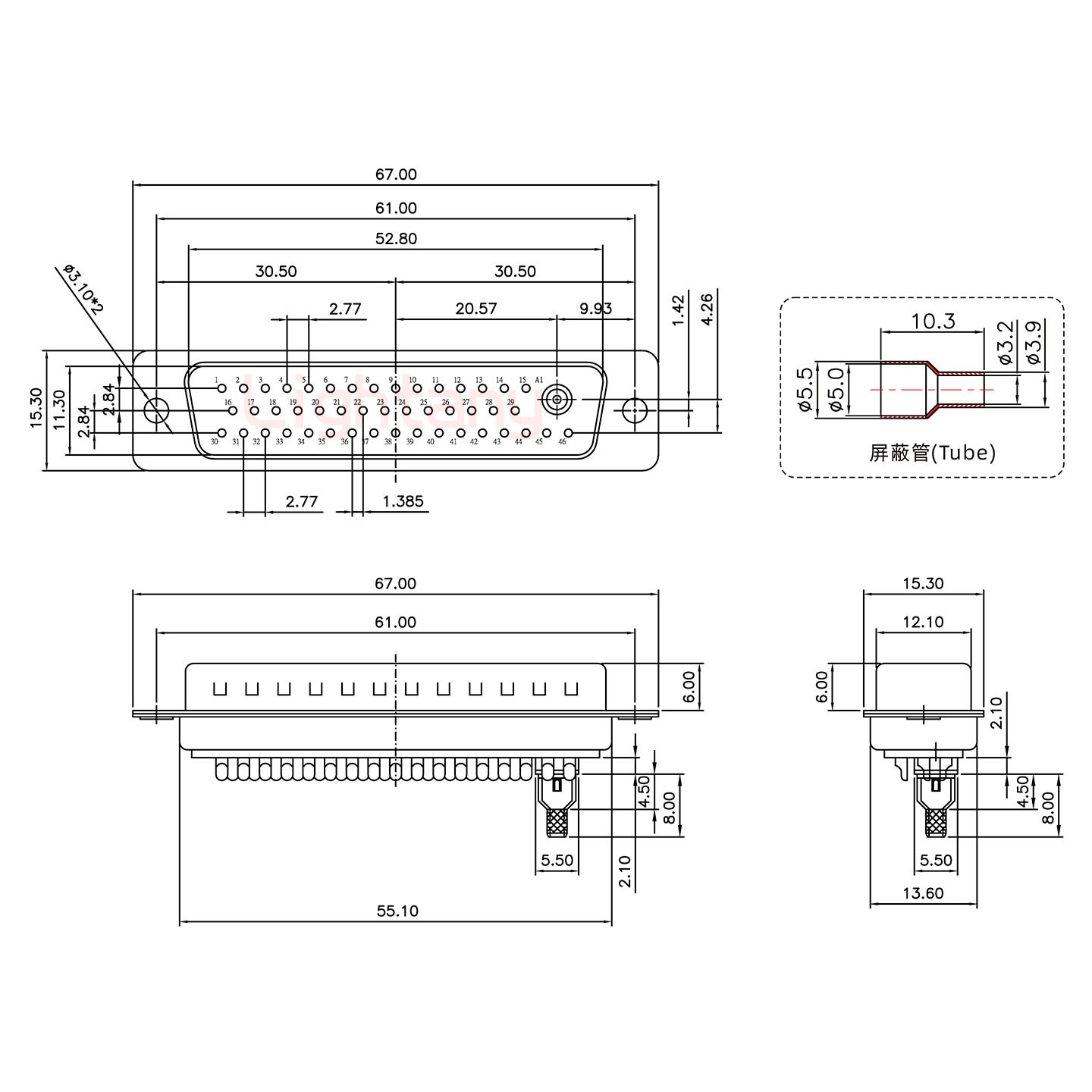 43W2公焊線式50歐姆+50P金屬外殼1746斜出線4~12mm