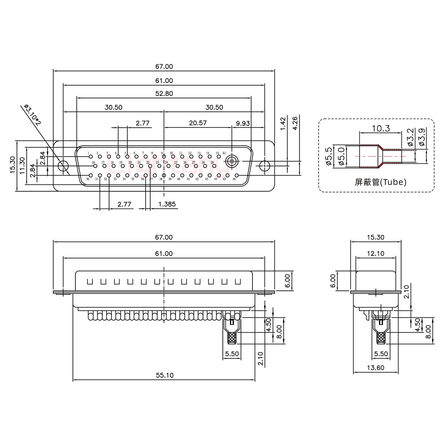 47W1公焊線式75歐姆+50P金屬外殼1746斜出線4~12mm