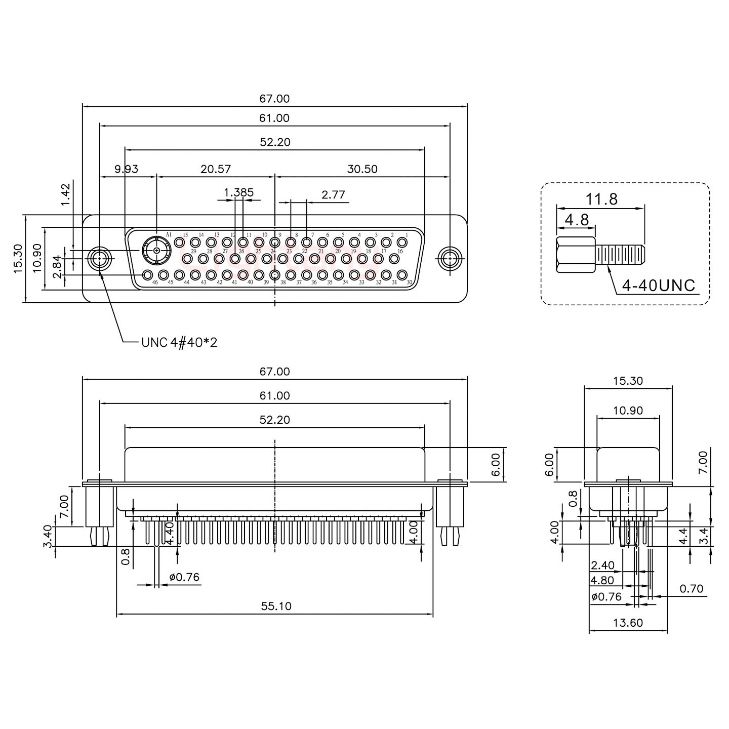 47W1母PCB直插板/鉚魚叉7.0/射頻同軸75歐姆