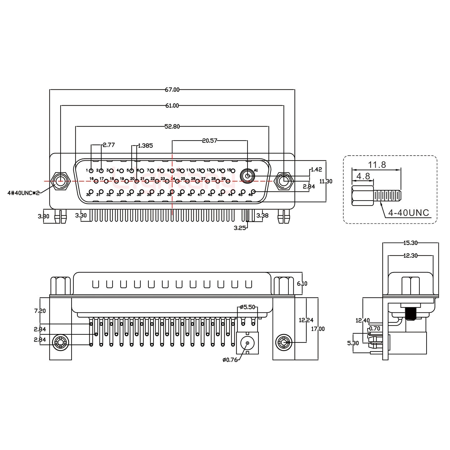 47W1公PCB彎插板/鉚支架12.2/射頻同軸50歐姆