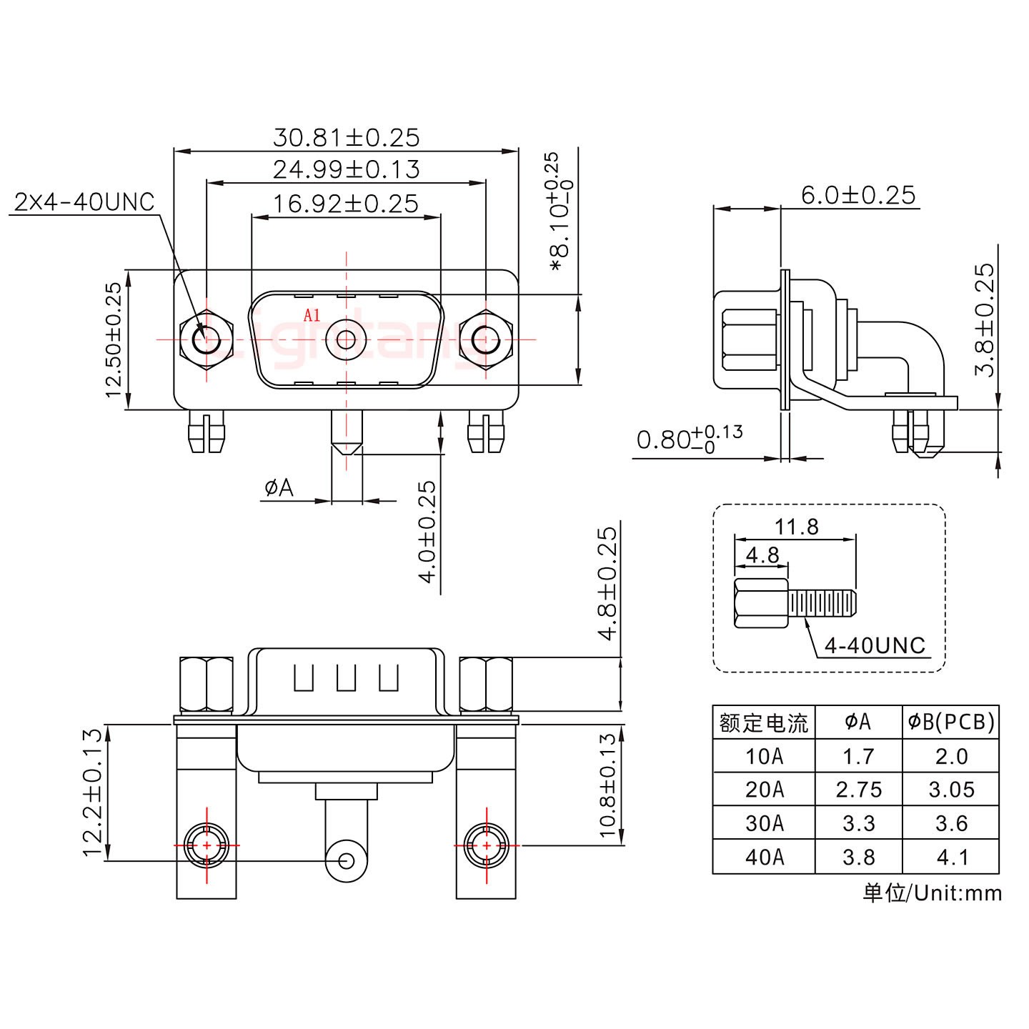 1W1公PCB彎插板/鉚支架10.8/大電流30A