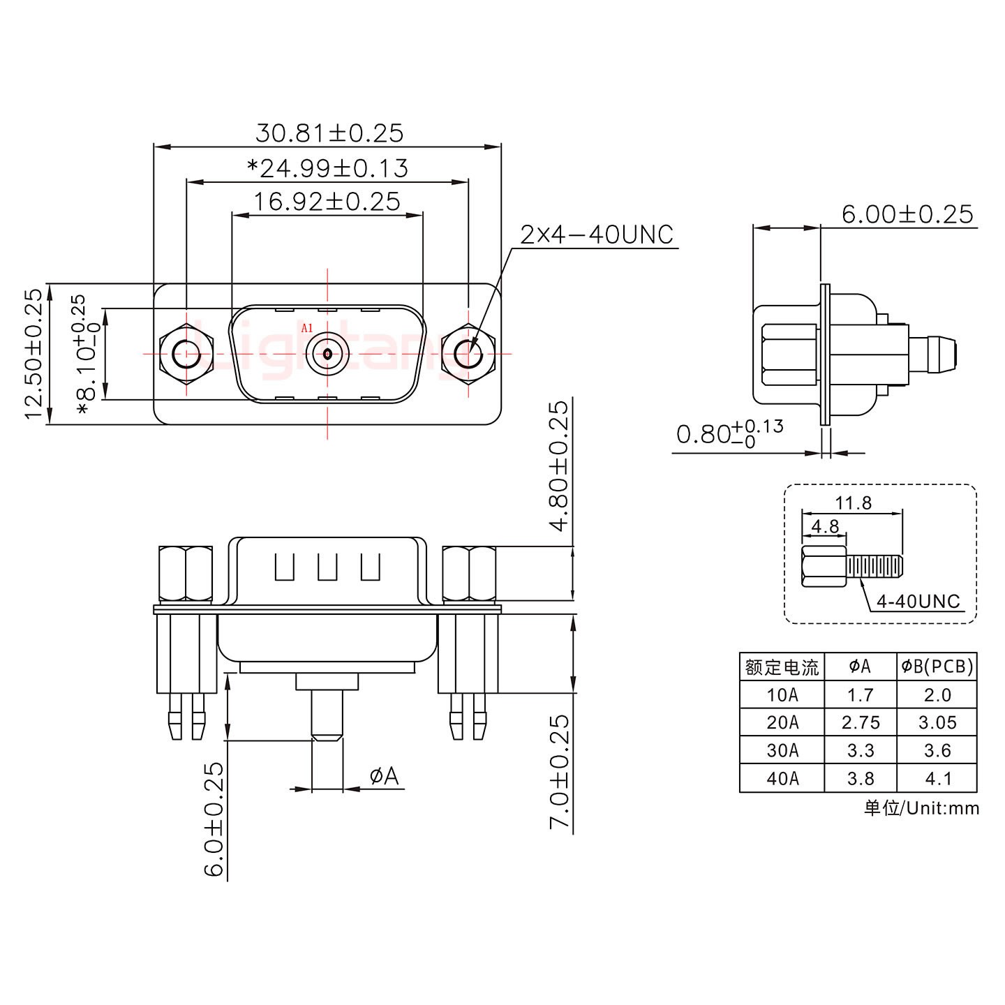 1W1公PCB直插板/鉚支架7.0/大電流30A