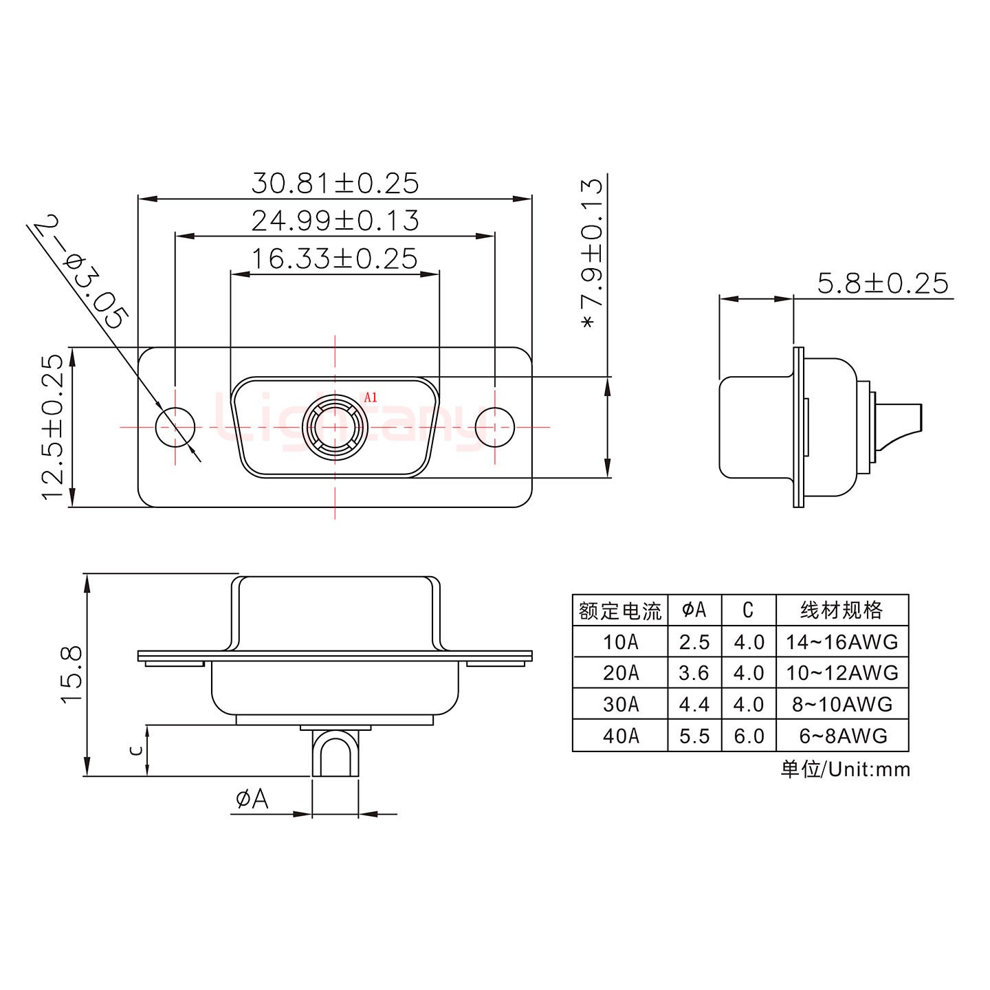 1W1母短體焊線/光孔/大電流20A