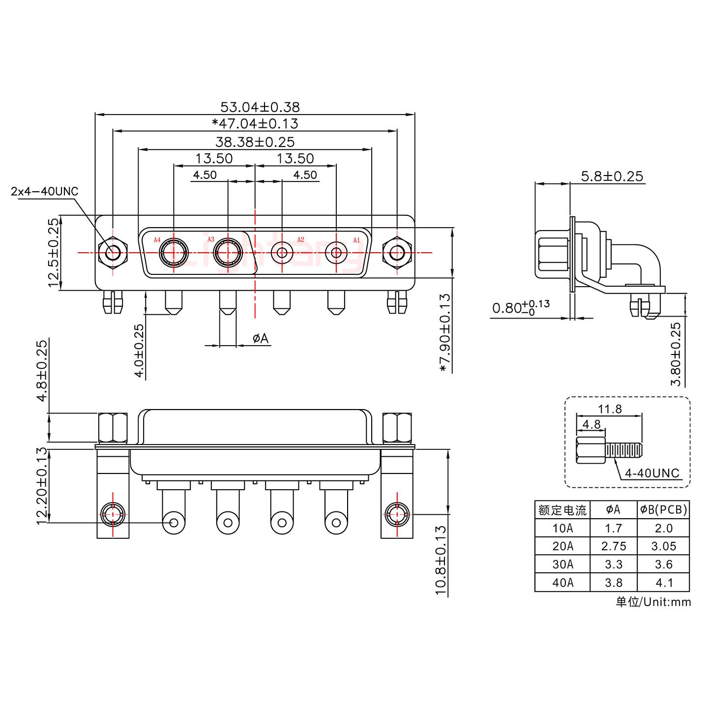 4V4公PCB彎插板/鉚支架10.8/大電流20A