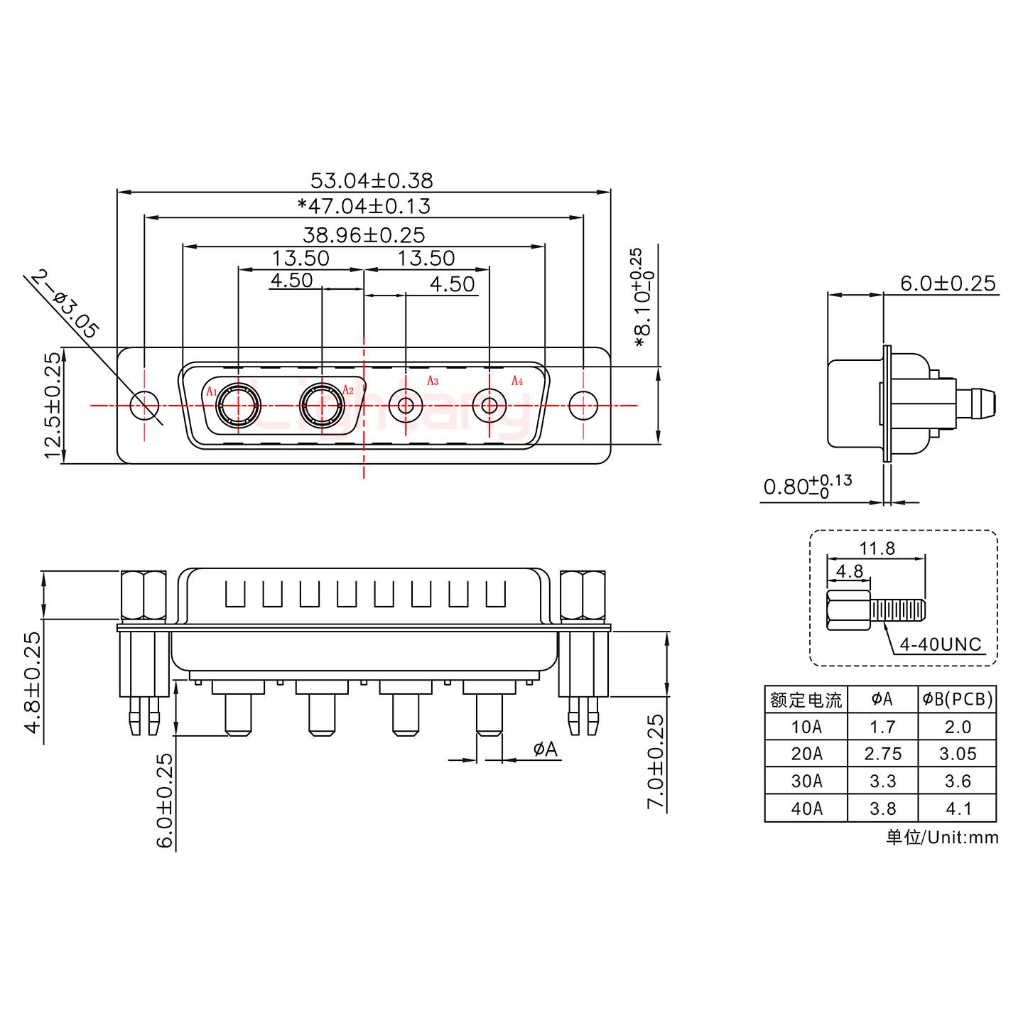 4V4公PCB直插板/鉚支架6.0/大電流20A