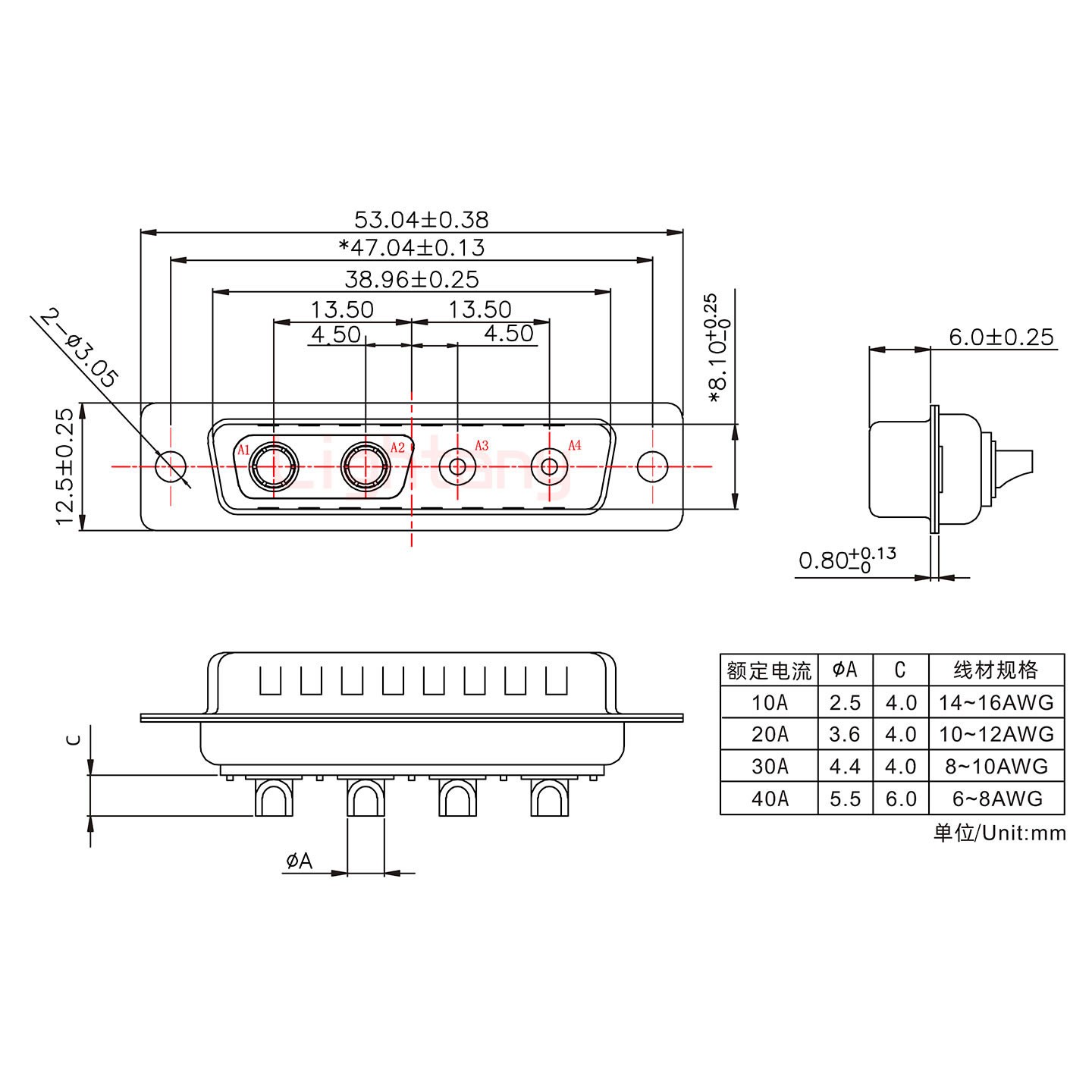 4V4公短體焊線/光孔/大電流40A