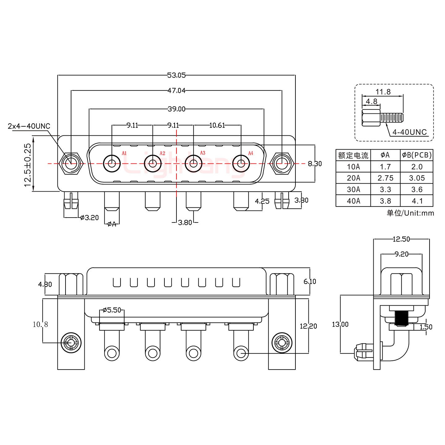 4W4公PCB彎插板/鉚支架10.8/大電流10A