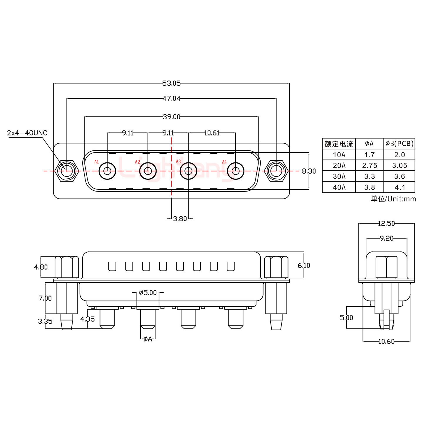 4W4公PCB直插板/鉚魚叉7.0/大電流20A