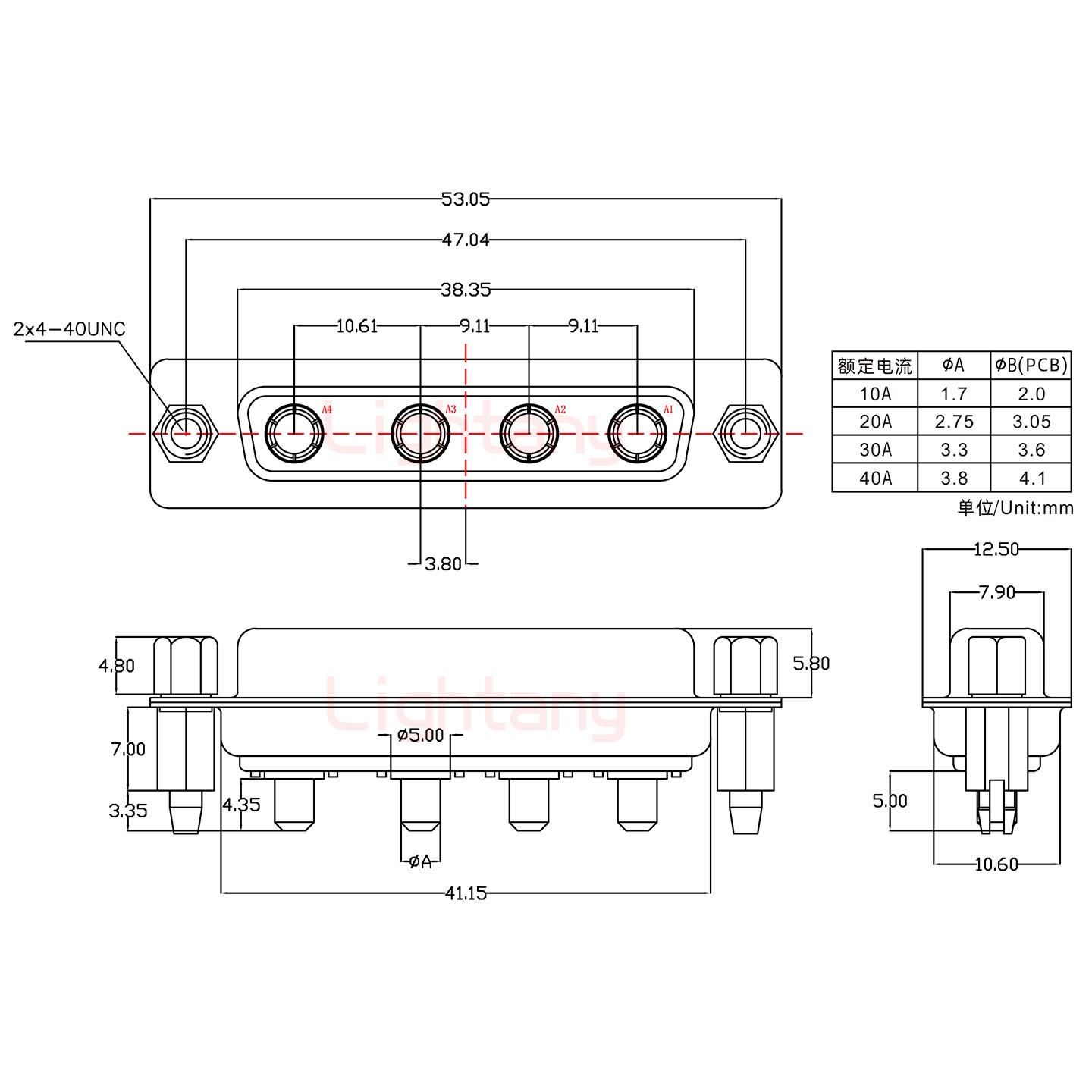 4W4母PCB直插板/鉚魚叉7.0/大電流40A