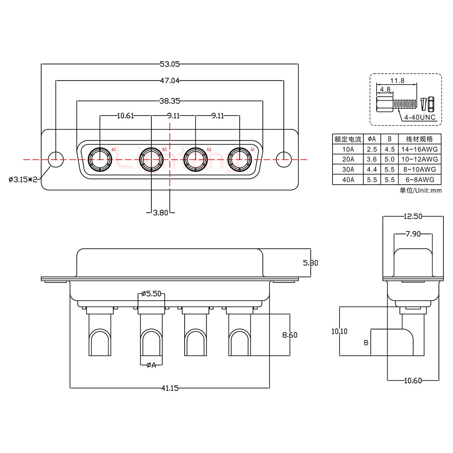 4W4母長體焊線/螺絲螺母/大電流40A