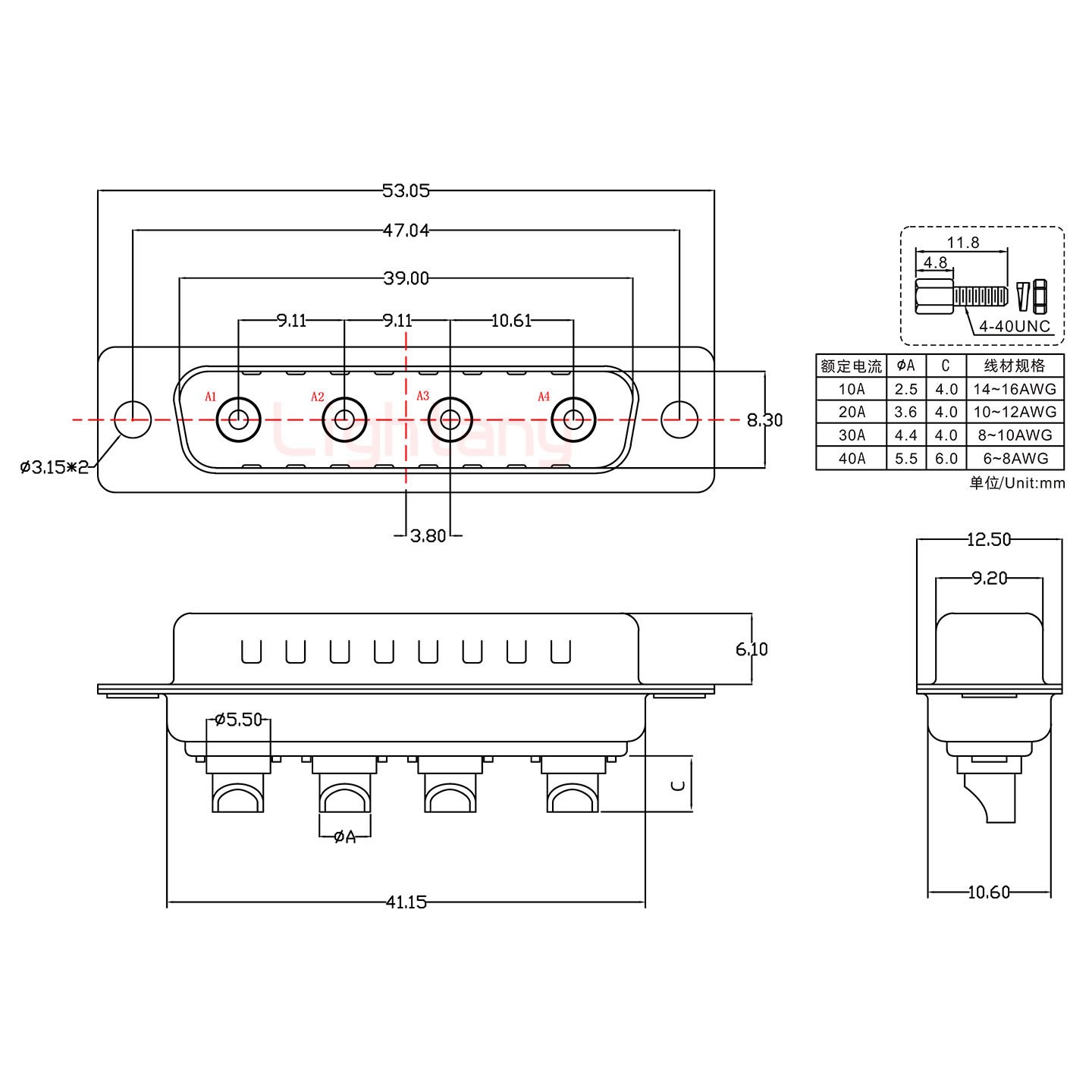 4W4公短體焊線/螺絲螺母/大電流30A