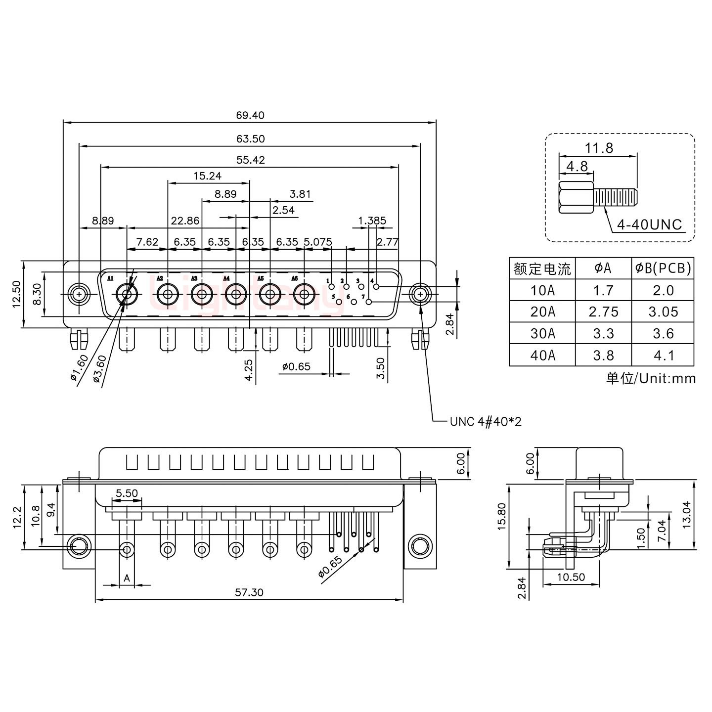 13W6B公PCB彎插板/鉚支架10.8/大電流30A