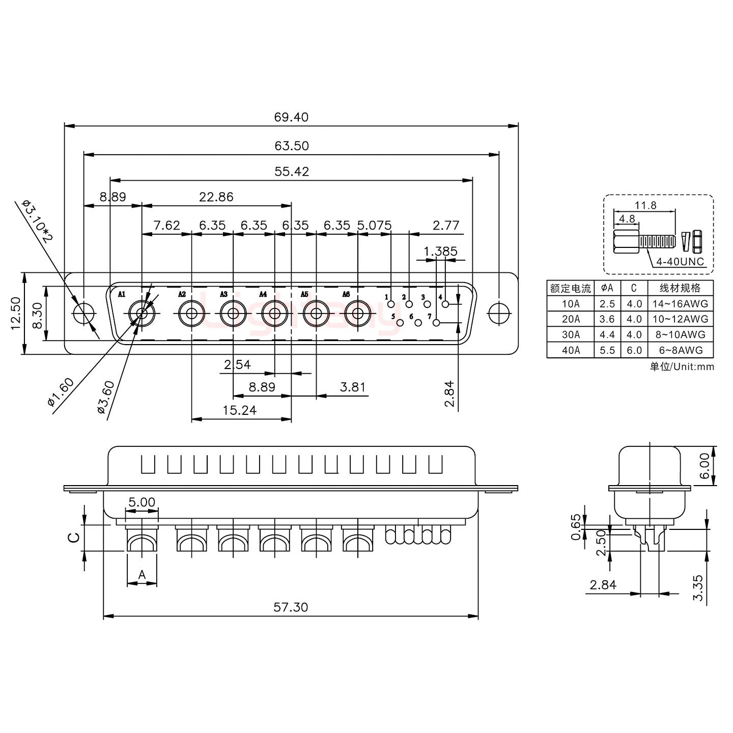 13W6B公短體焊線/配螺絲螺母/大電流30A