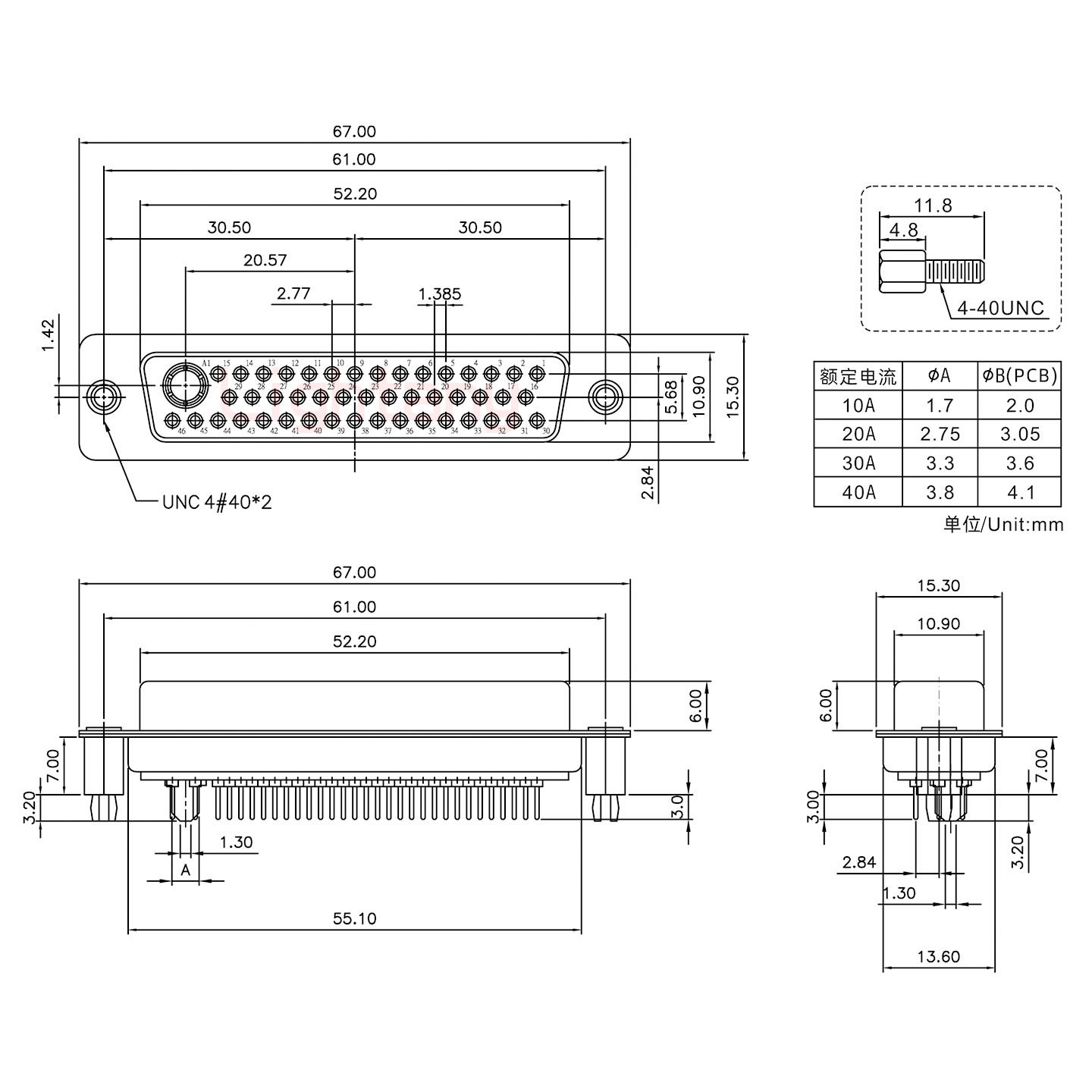 47W1母PCB直插板/鉚魚(yú)叉7.0/大電流10A