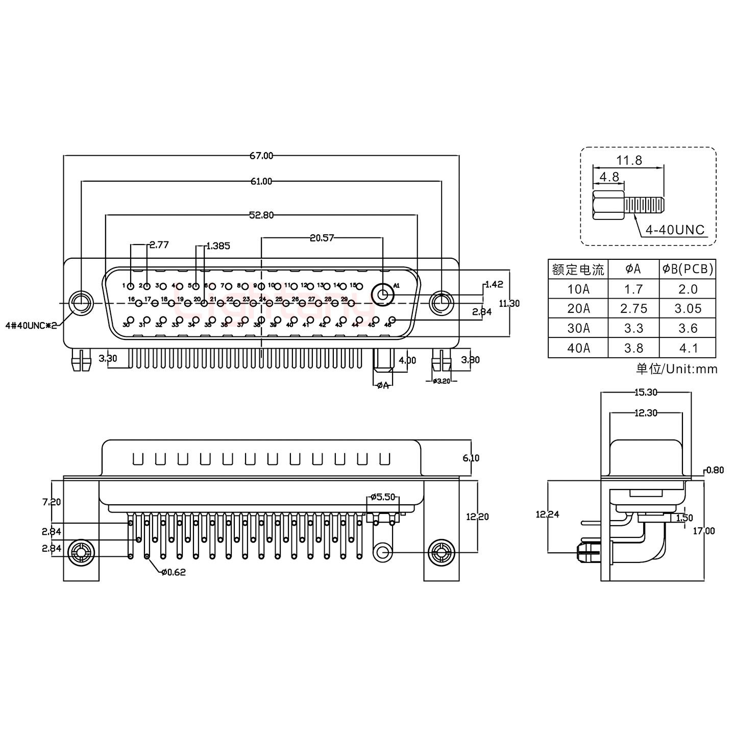 47W1公PCB彎插板/鉚支架12.2/大電流20A