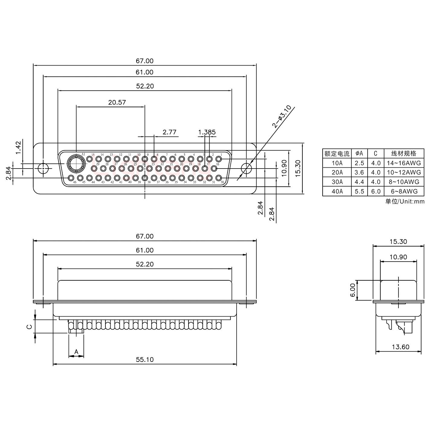 47W1母短體焊線/光孔/大電流30A