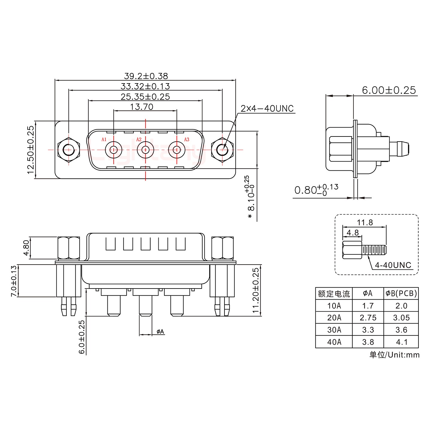 3W3公PCB直插板/鉚魚叉7.0/大電流40A