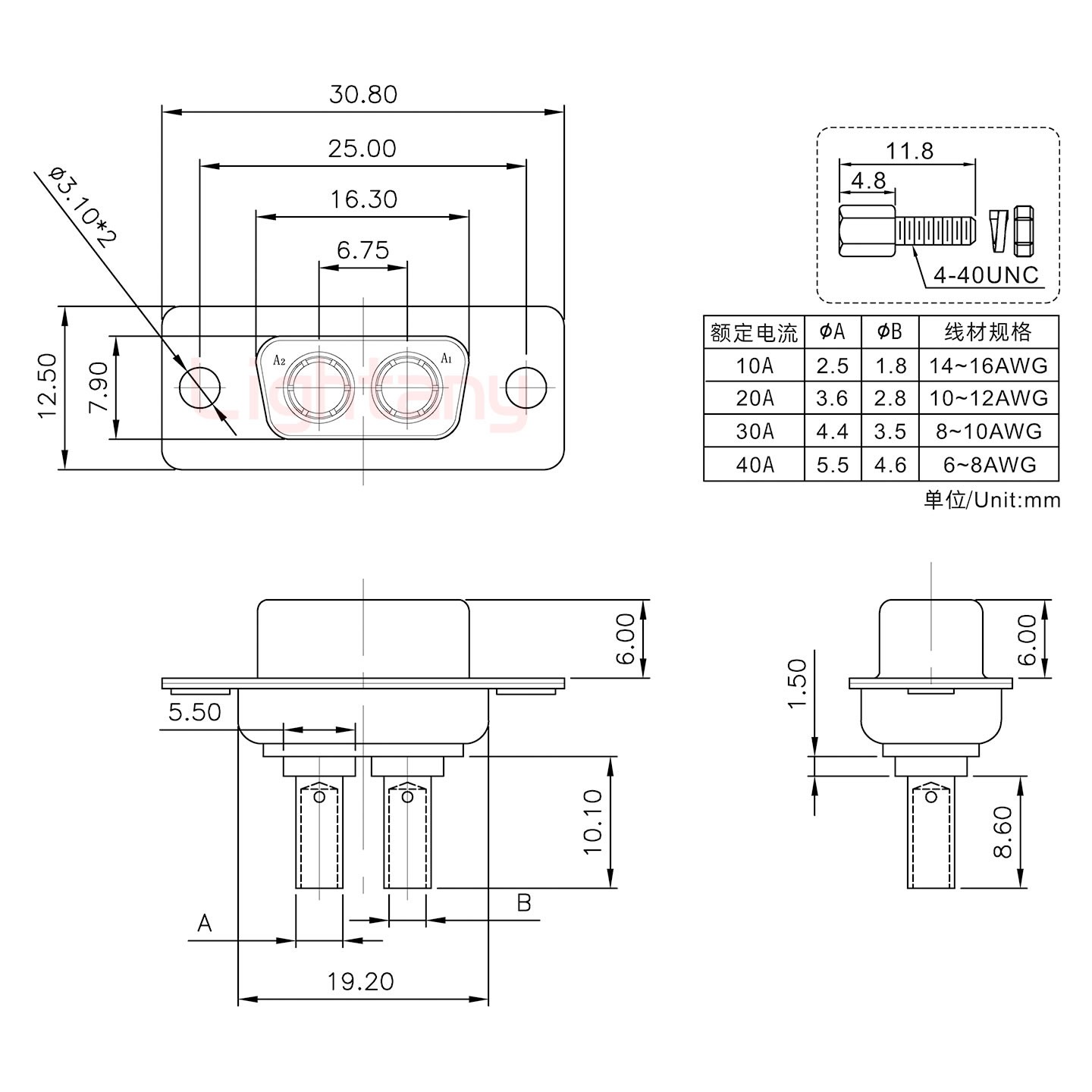 2W2母壓線式/配螺絲螺母/大電流20A