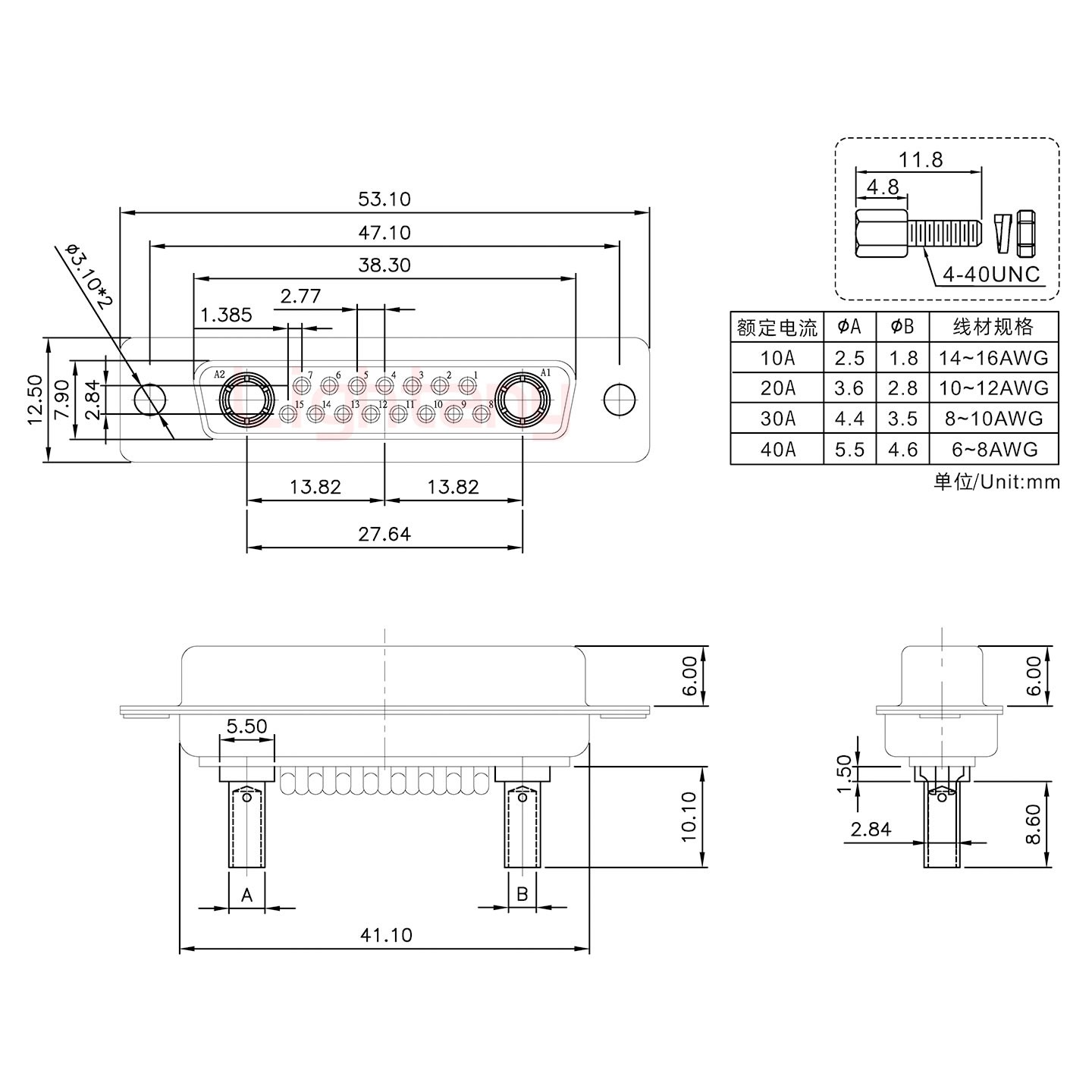 17W2母壓線式/配螺絲螺母/大電流20A