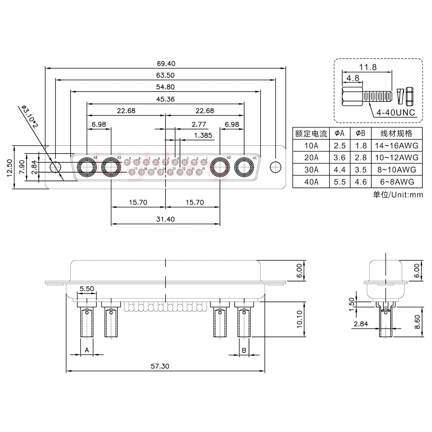 21W4母壓線式/配螺絲螺母/大電流40A